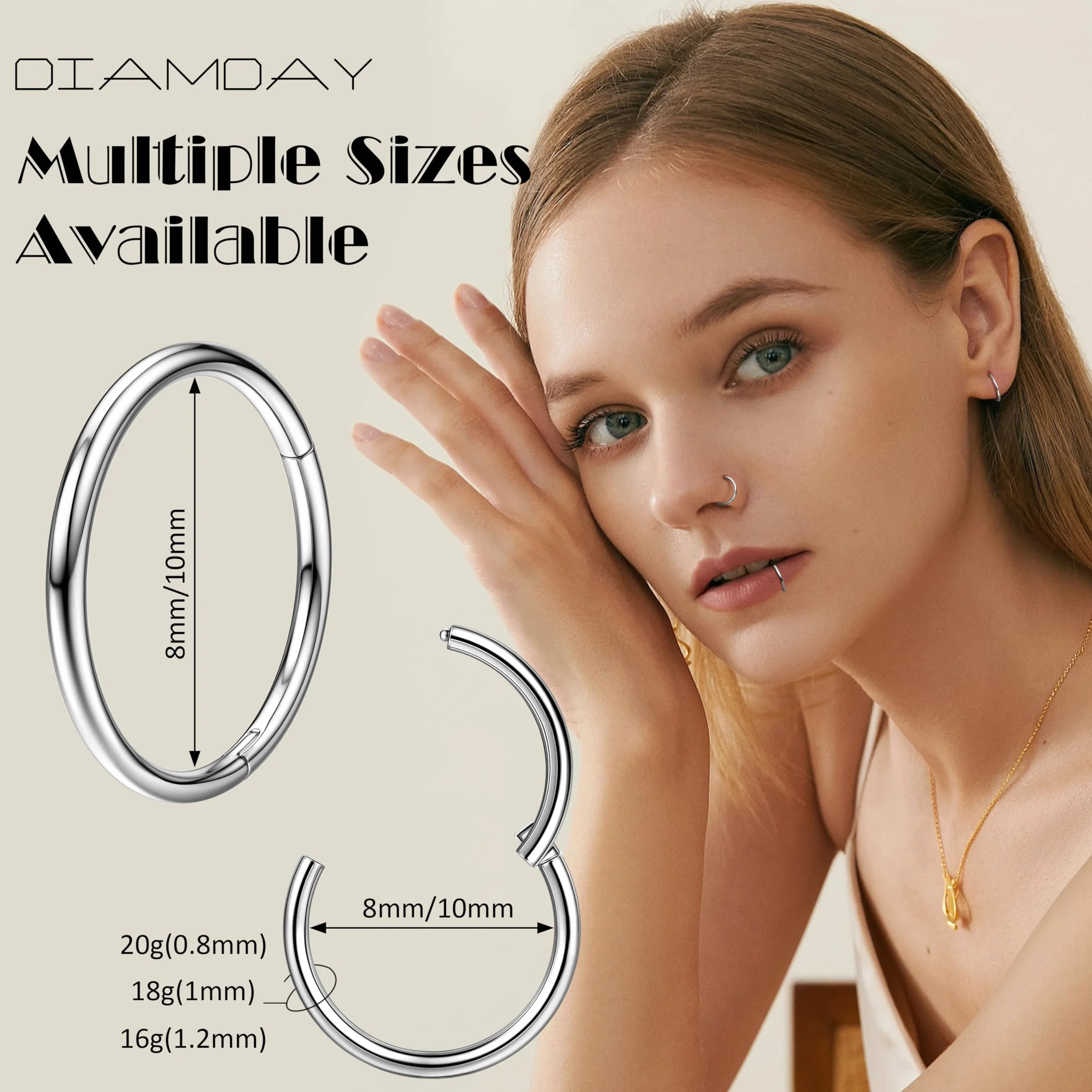 Diamday G23 tytanowe kolczyki do nosa, 20 g, 18 g, 16 G, bezszwowe pierścienie do nosa, hipoalergiczne kolczyki typu sepper, piercing wargi, do Daith Conch, Tragus Rook, kolor złoty/srebrny