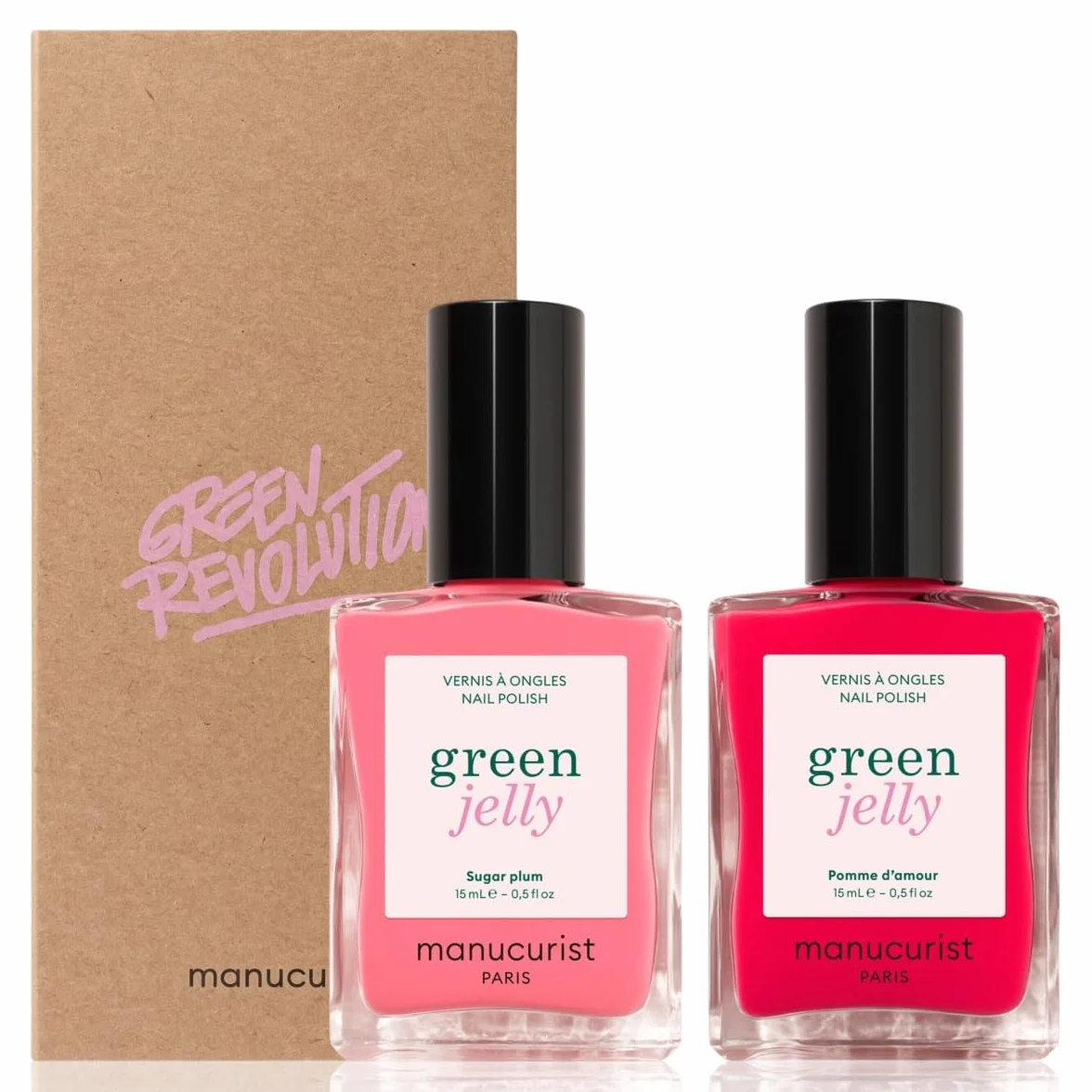 Manucurist - Duo lakierów Jelly Green™ Sugar Plum & Pomme d’Amour - Transparentne lakiery do paznokci - półkryjące wykończenie jelly ultra glossy - 82,5% składników naturalnego pochodzenia - 15 ml