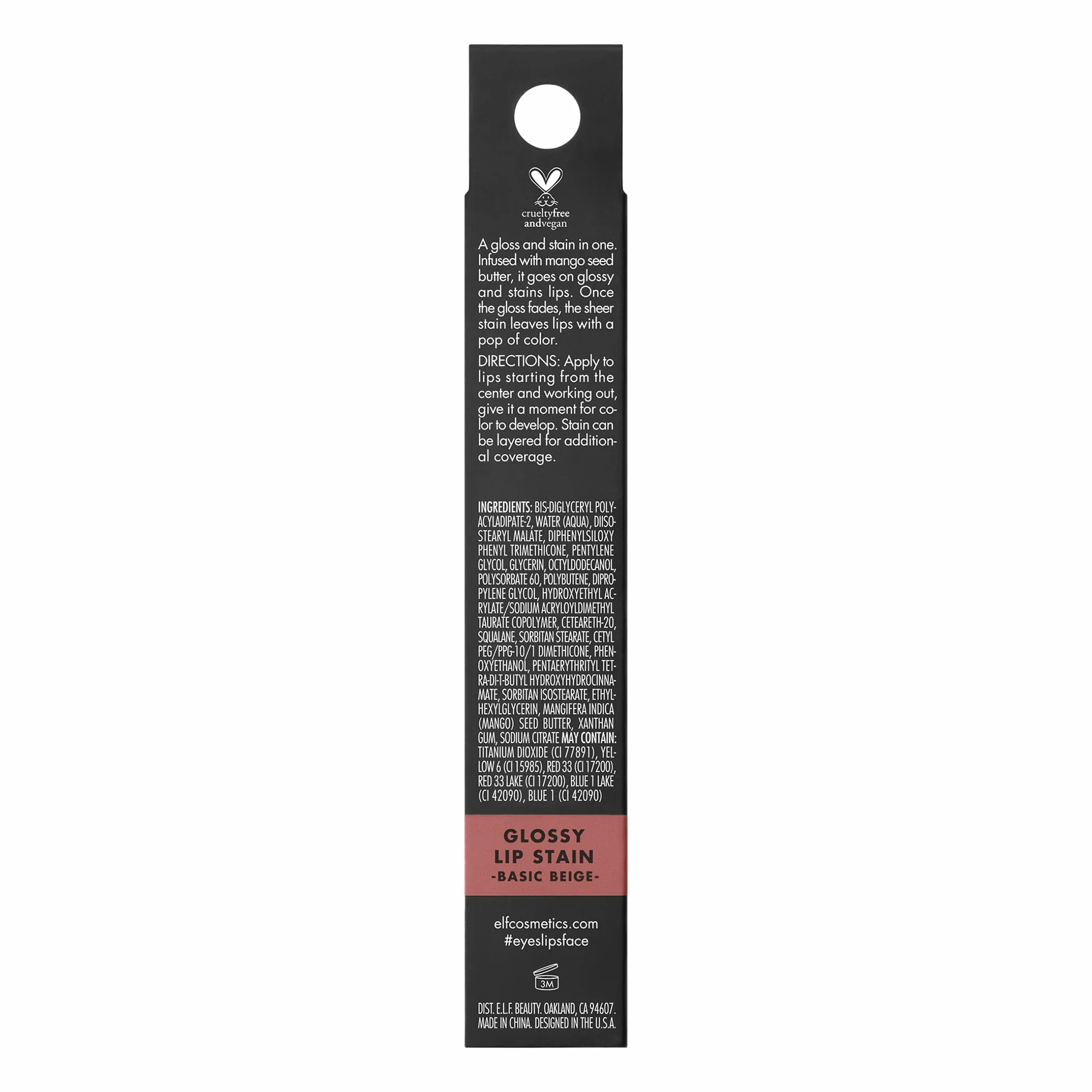 e.l.f. Glossy Lip Stain, lekka, długo utrzymująca się pomadka do ust dla odrobiny koloru i subtelnego efektu połysku, wegańska i nietestowana na zwierzętach, beżowy Basic Beige