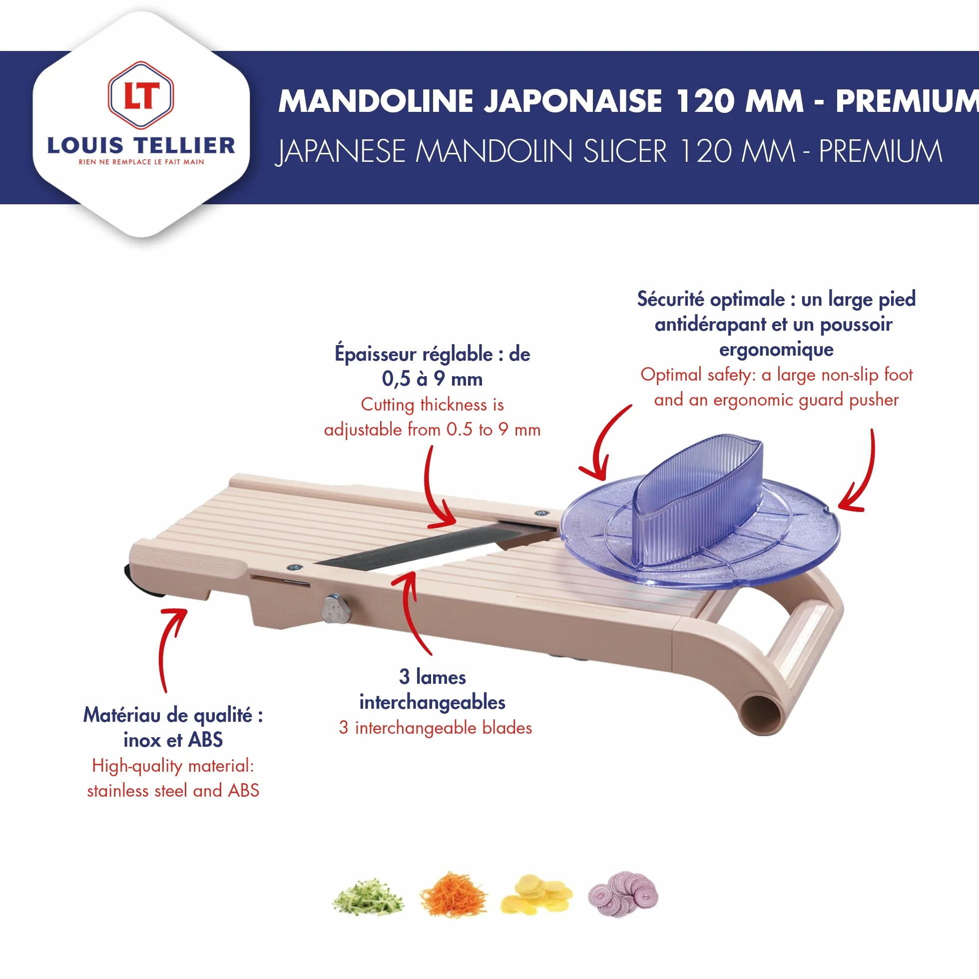 Benriner - Japońska Mandolina Premium 120 mm + popychacz bezpieczeństwa - ABS + stal nierdzewna - plasterek owoców i warzyw oraz frytki i Julienne - 3 wymienne ostrza