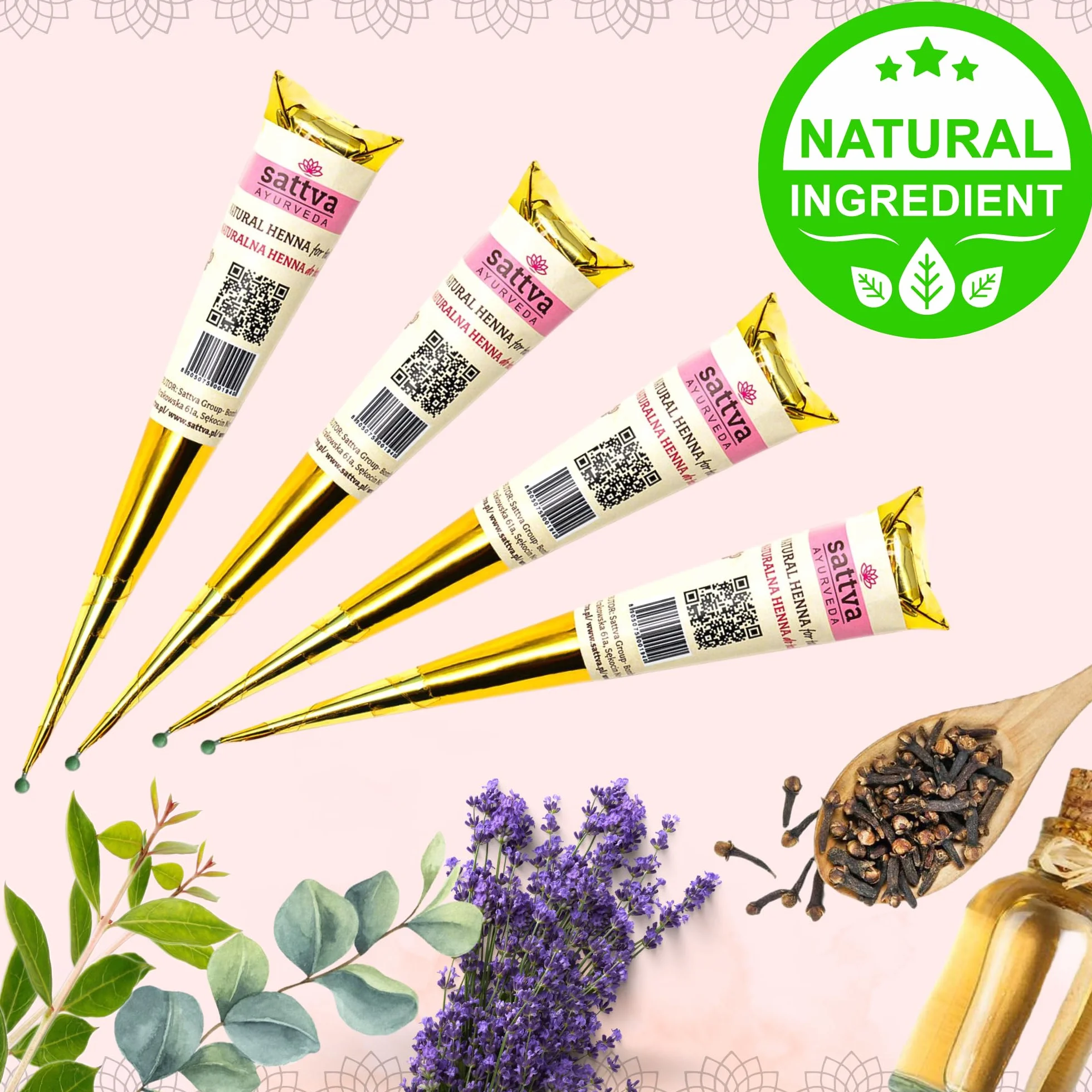 Sattva Ayurveda Henna do tatuażu brąz zestaw 4 rożków 30 g