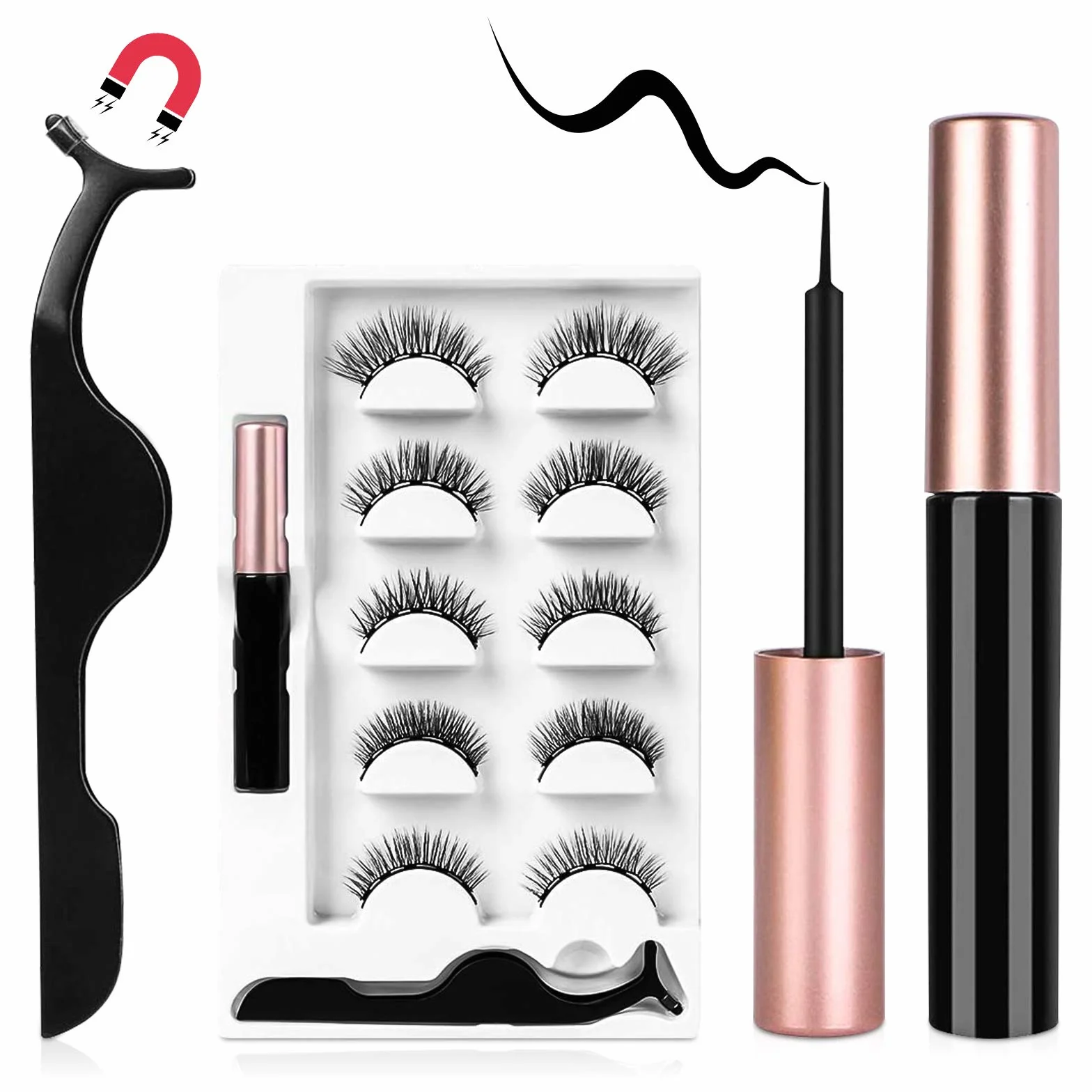 URAQT 5 par magnetycznych, grubych, długich, sztucznych rzęs 3D, z eyelinerem, naturalnie magnetyczne rzęsy, zestaw ze szczypcami, wodoodporne i wielokrotnego użytku