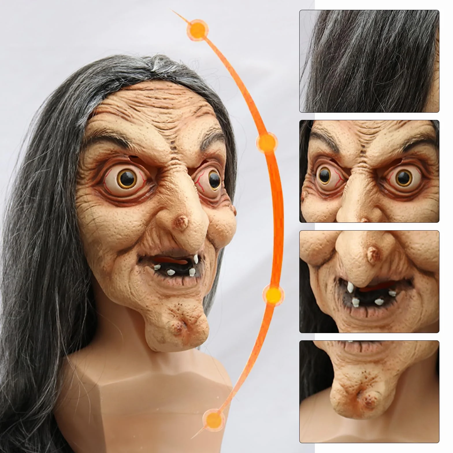 Przerażająca maska czarownicy na Halloween, przerażająca starsza kobieta, maska czarownicy z długimi włosami, straszna lateksowa maska czarownica, realistyczna maska czarownicy na Halloween i