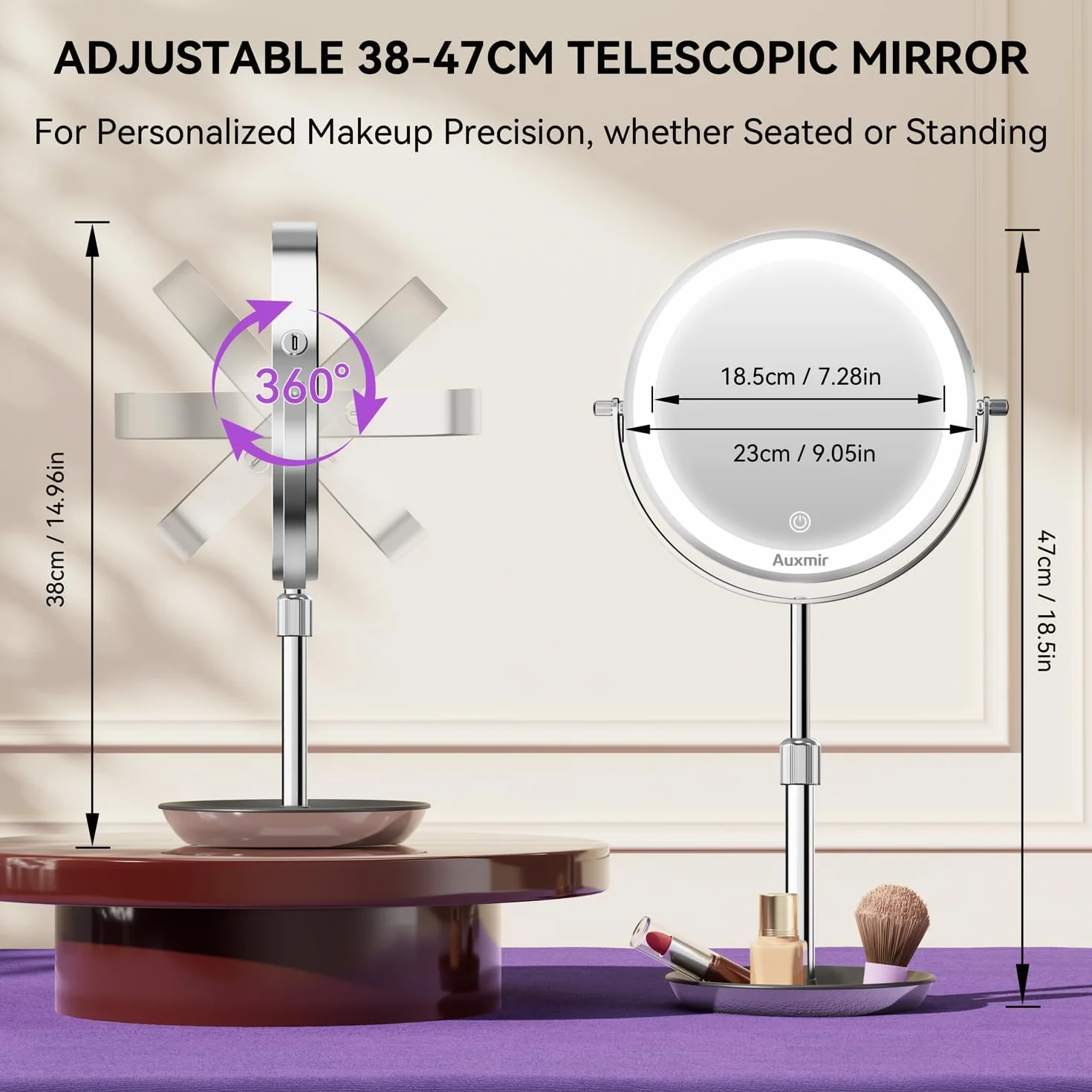 Auxmir 9" Dwustronne, Oświetlane i Regulowane Wysokością Lustro do Makijażu: 30X/1X, 3 Kolory Światła, Płynna Regulacja Jasności, Z Pęsetą