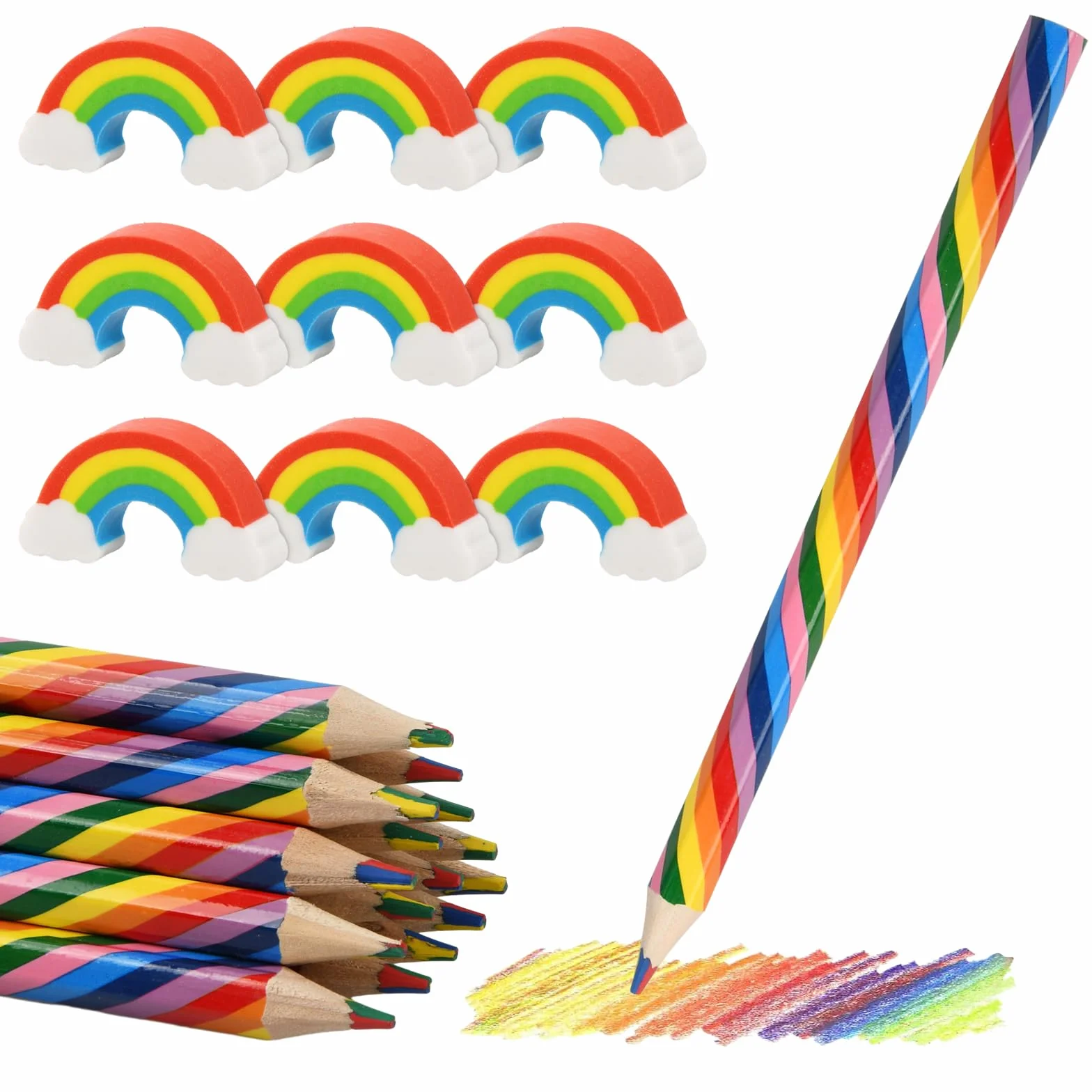 15 szt. tęczowych kredek i 15 plastikowych gumek gumowych