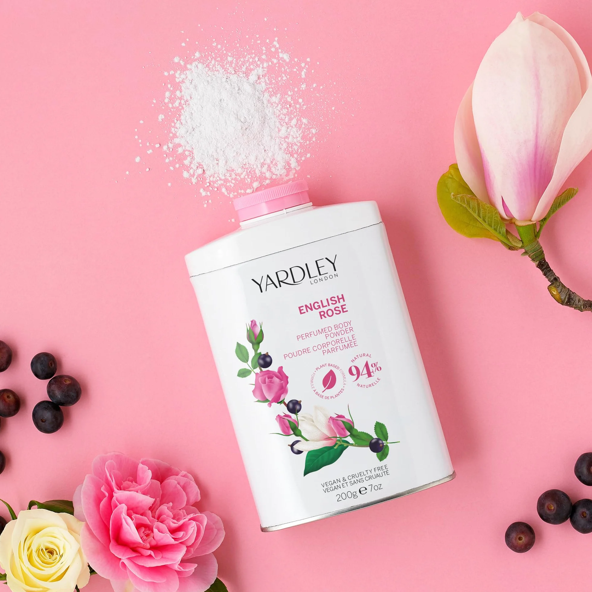 Yardley London English Rose Perfumed Body Powder, Talk dla kobiet pomagający w walce z nieprzyjemnym zapachem i otarciami, Puder do ciała English Rose 200g