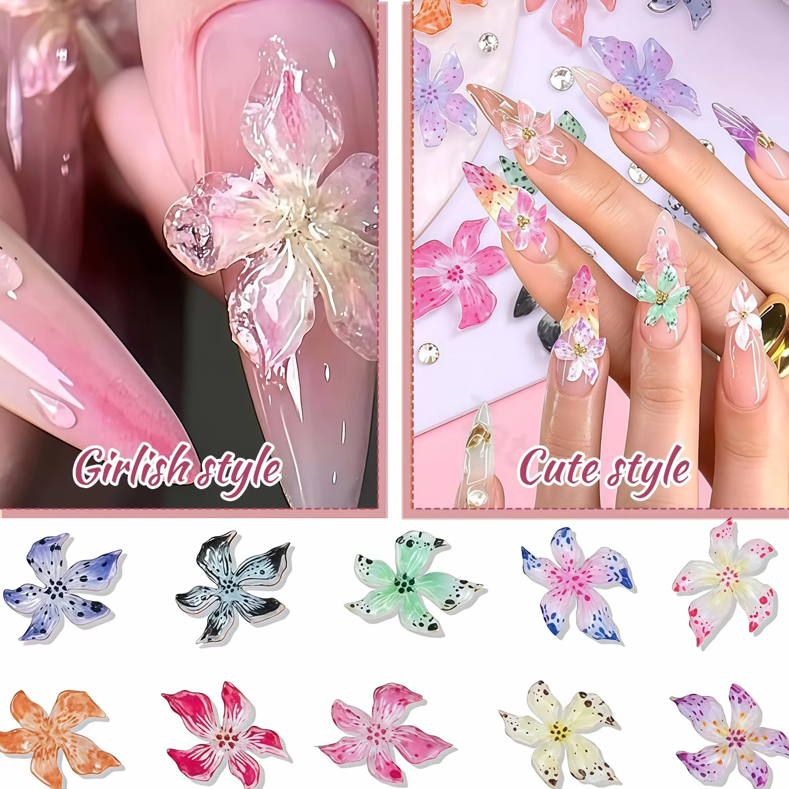 Yamobi 60 szt. kolorowy, miękki klej lilii, kwiatowe zawieszki do paznokci, 3D, kwiatowe zawieszki do paznokci, lód, kryształ, relief, gradient, lilie, kwiaty, zawieszki do paznokci, żywiczny liść
