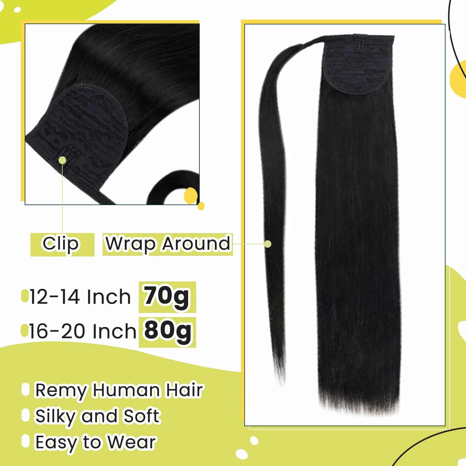 RUNATURE Naturalny Czarny Kucyk #1B Włosy Ludzkie 12 cali 30 cm Wrap Around Ponytail 70g
