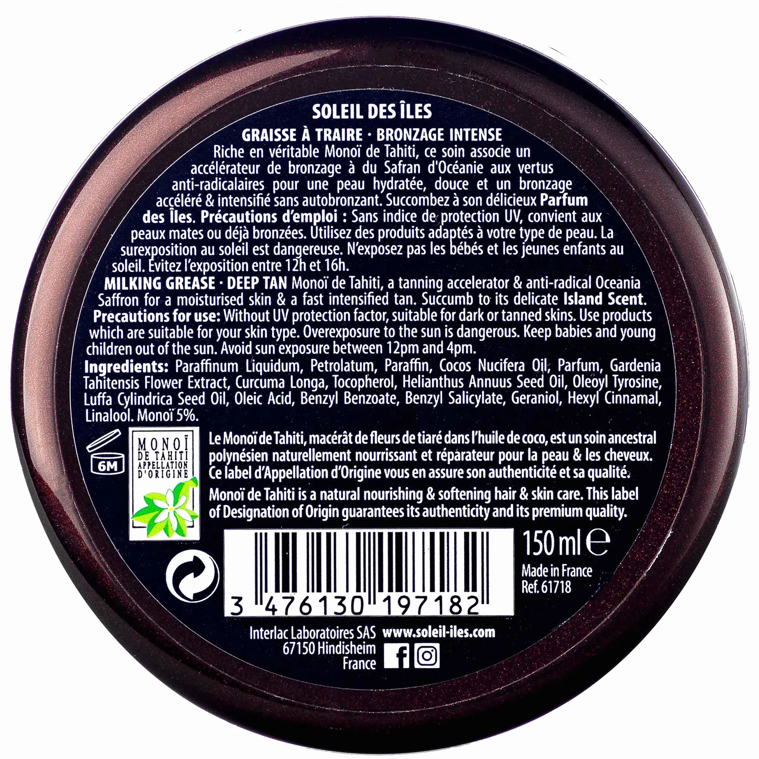 Soleil des Iles | Smar do doju Monoi de Tahiti + Rea, akcelerator opalania, wodoodporny, perfumy wysp, wyprodukowano we Francji