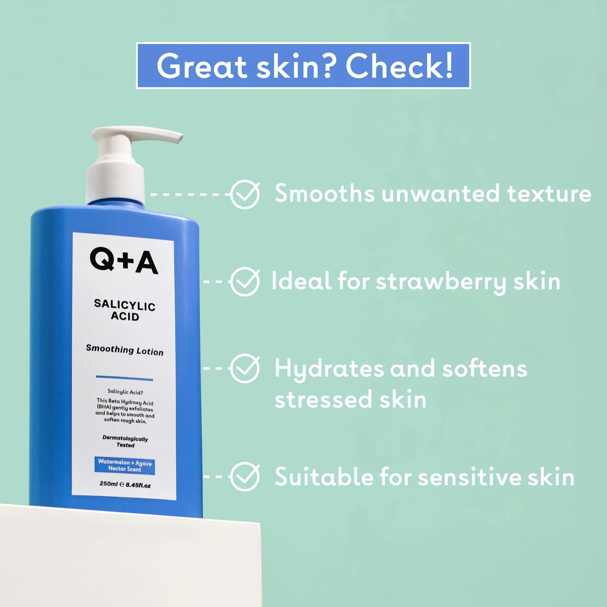 Q+A Balsam do ciała wygładzający z kwasem salicylowym (250ml), balsam do ciała z zapachami arbuza i agawy, alternatywa dla masła do ciała, wygładza szorstką, grudkowatą skórę, usuwa przebarwienia i