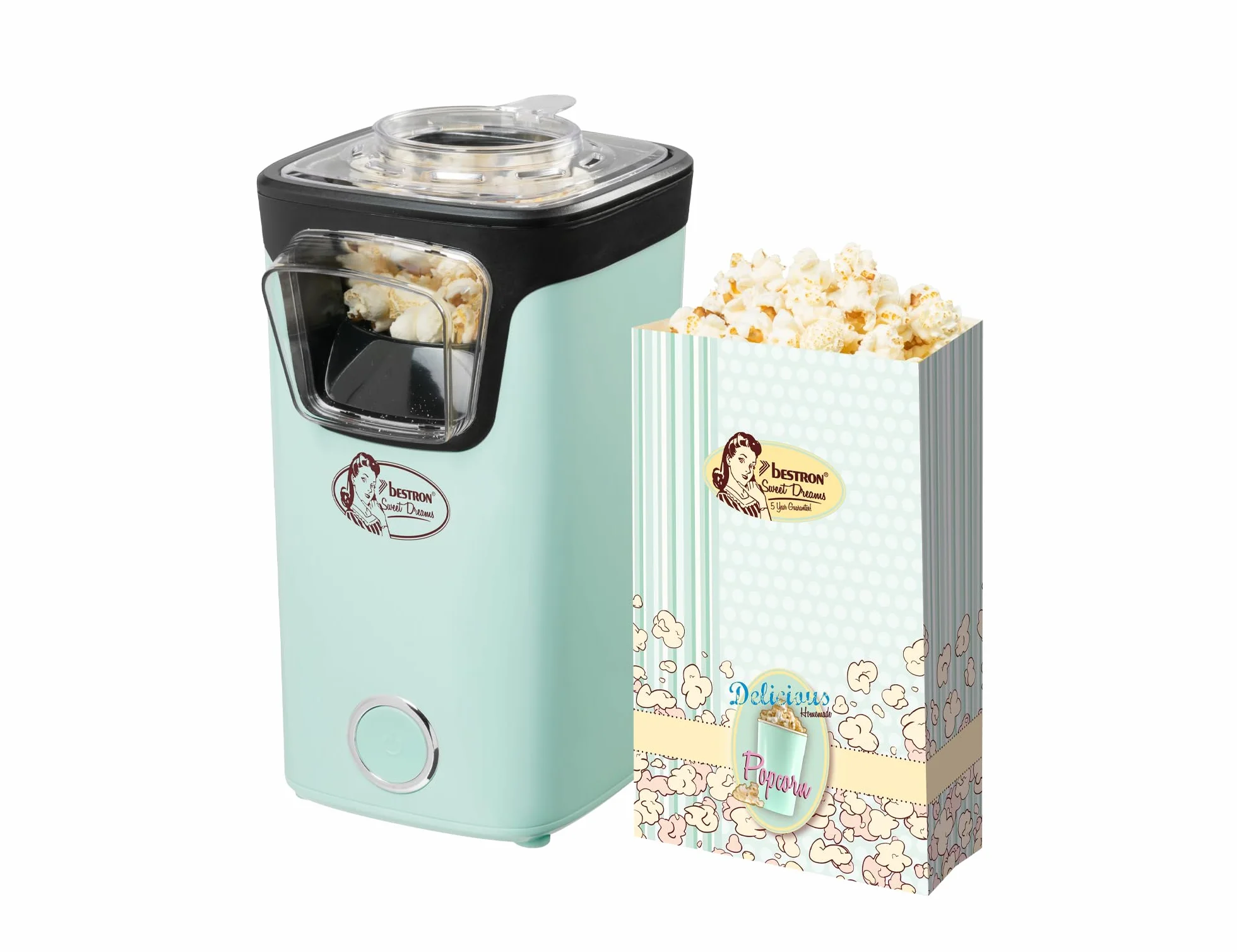 Bestron Maszyna do popcornu, turbopopcorn w mniej niż 2 minuty, maszyna do popcornu z technologią gorącego powietrza, zawiera 10 torebek na popcorn i wbudowaną miarkę, kolekcja Sweet Dreams, kolor: