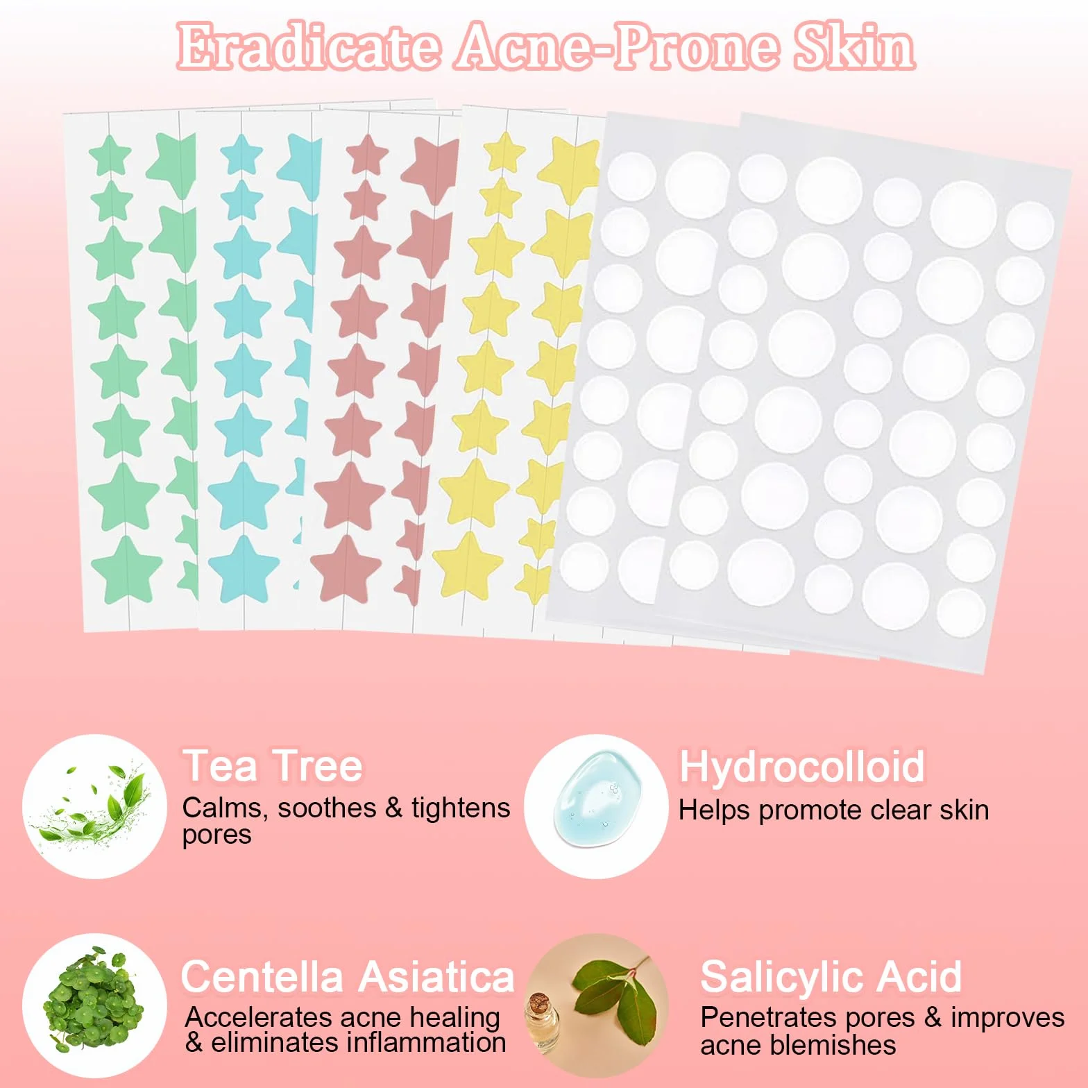 Absorptions Acne zestaw łatek na pryszcze, 232 sztuki, hydrokoloidowe łatki przeciw pryszczom, wodoodporne, oddychające plastry na trądzik w gwiazdki i okrągłe plastry na pryszcze, gwiazdki i