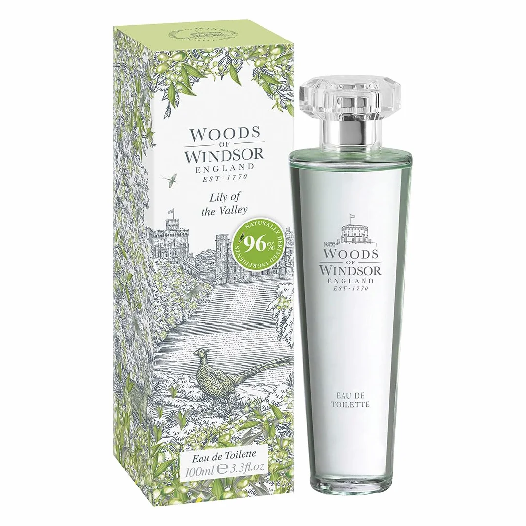 Woods of Windsor Woda toaletowa Lilly of the Valley, kwiatowe perfumy damskie z nutami zroszonych zielonych liści, olejku geranium i cytrusów, zapach konwalii 100ml