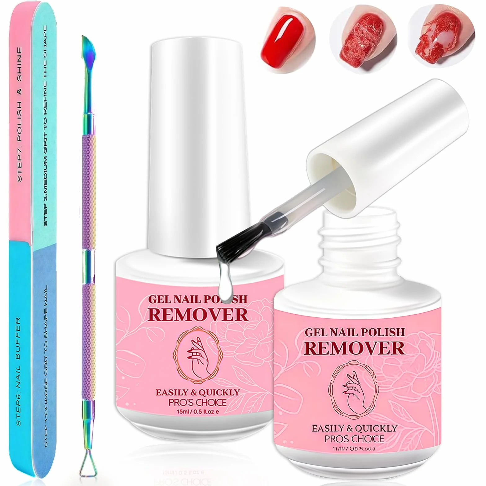 2 x 15 ml zmywacz do paznokci żelowych, zmywacz do paznokci żelowych, zmywacz do paznokci, zmywacz do paznokci z popychaczem do skórek i skrobakiem do paznokci, ciemnoróżowy
