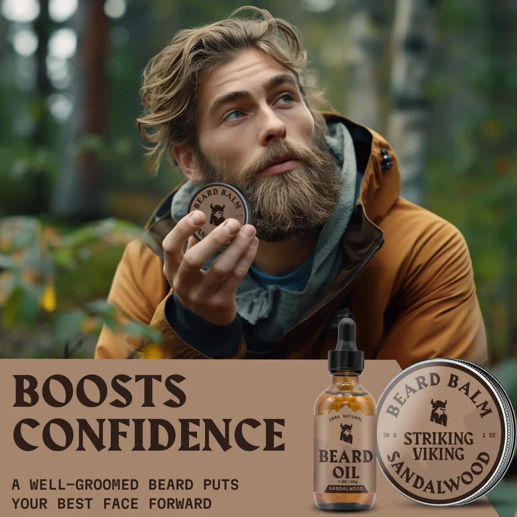 Striking Viking Męski olejek do brody i balsam - zestaw do wzrostu brody - balsam i odżywka wzbogacona olejem arganowym i jojoba - zapach drzewa sandałowego