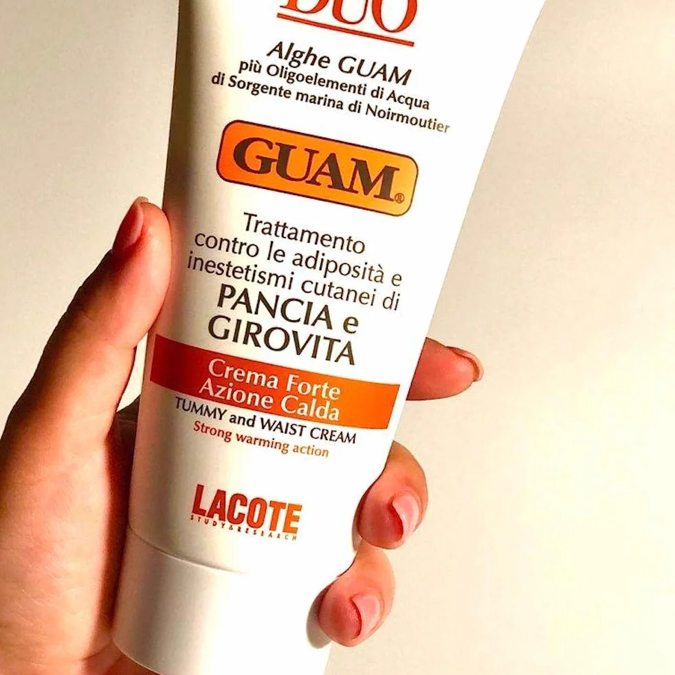Guam, Duo krem do brzucha i talii, silny krem na gorąco, do leczenia otyłości i zanieczyszczeń skóry, wyprodukowano we Włoszech, opakowanie 150 ml