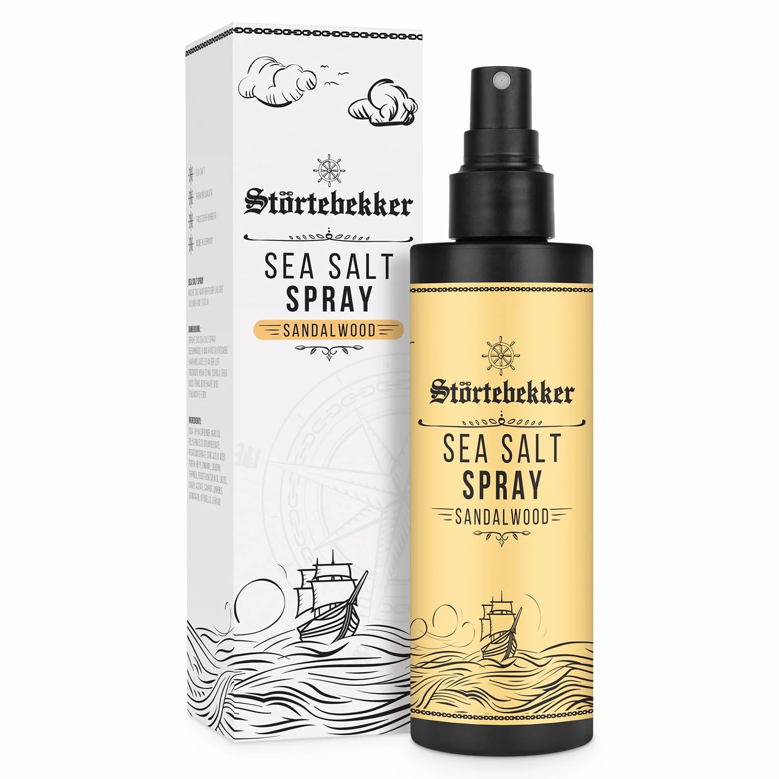Störtebekker Premium Sea Salt Spray z drewna sandałowego – spray ze słoną wodą z naturalną solą morską dla objętości, połysku i elastycznego trzymania – wegański, bez silikonów i parabenów (200 ml