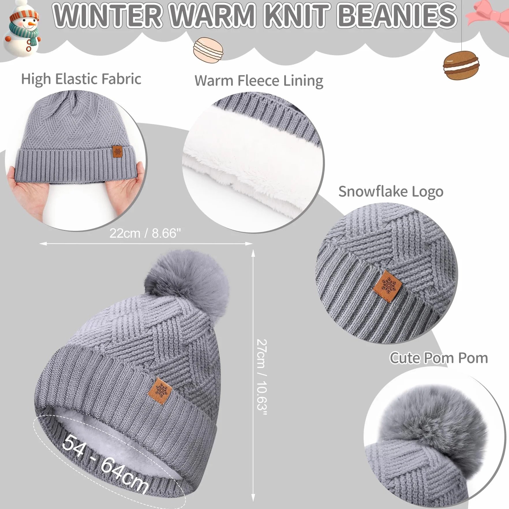 Czapka, szary, jeden rozmiar, Zestaw zimowy 3 w 1 beanie, Damska zimowa czapka beanie, szalik, rękawiczki do ekranów dotykowych, czapka zimowa, rękawiczki zimowe, szal