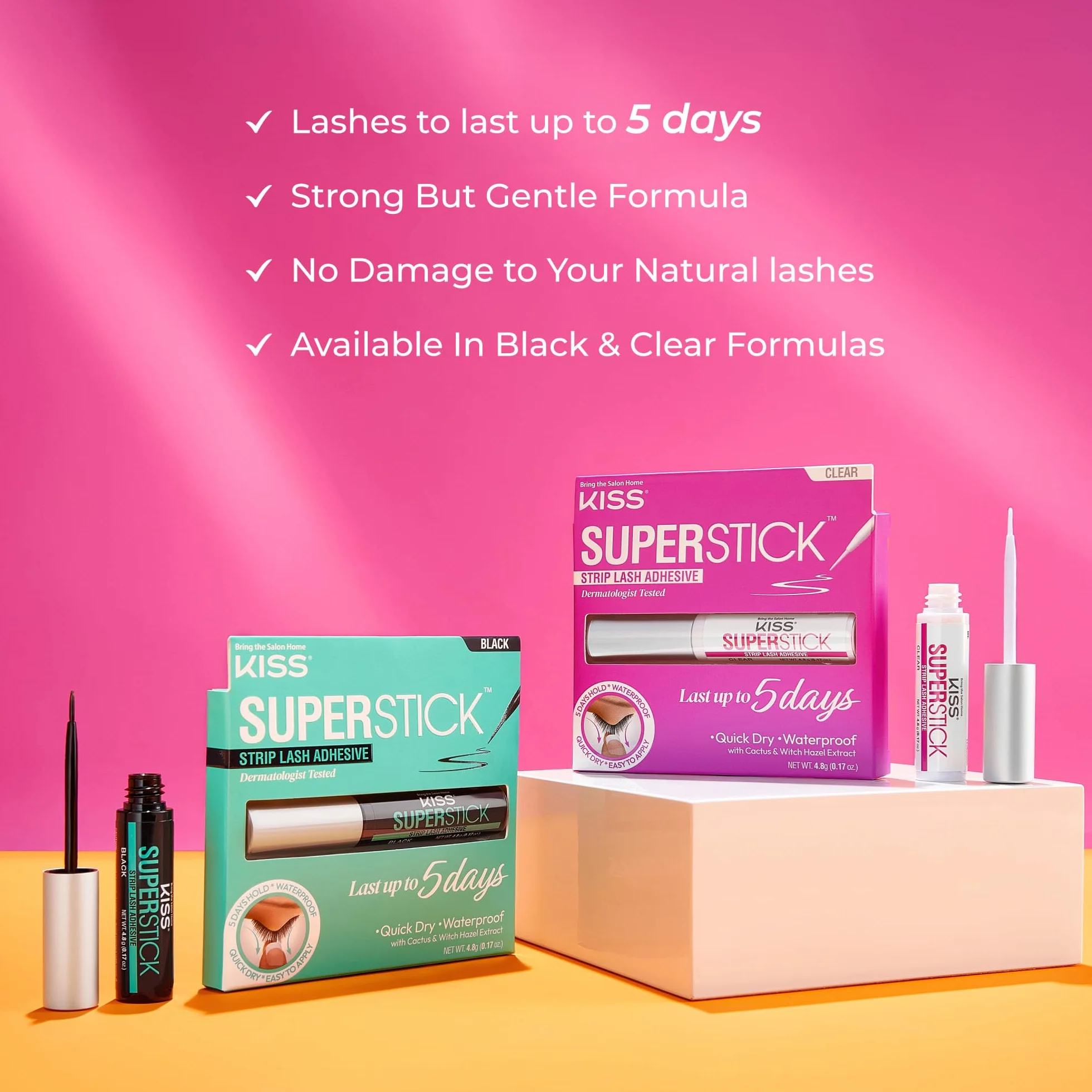KISS Super Stick klej do rzęs, wydłużony czas noszenia 5 dni, szybkoschnący klej do rzęs, wzbogacony ekstraktem z oczaru wirginijskiego i kaktusa, aplikator pędzla, netto 4,8 g, przezroczysty