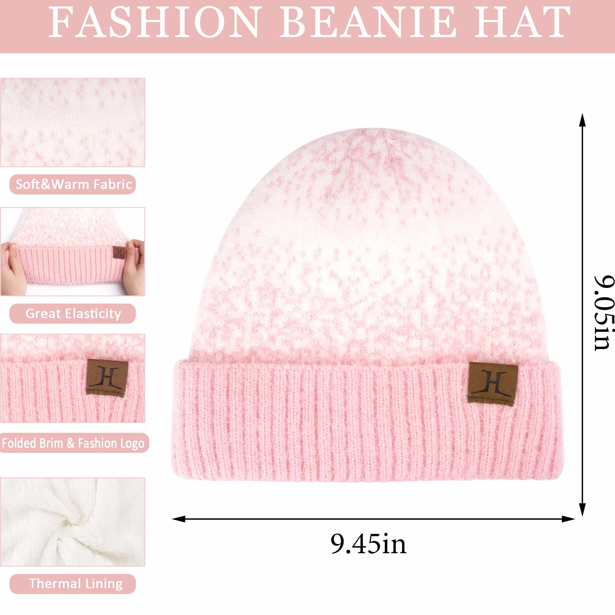 Bequemer Laden Damska zimowa czapka beanie, rękawiczki i szalik z podszewką polarową, ciepła czapka zimowa, rękawiczki zimowe, długi szal, różowy biały, jeden rozmiar