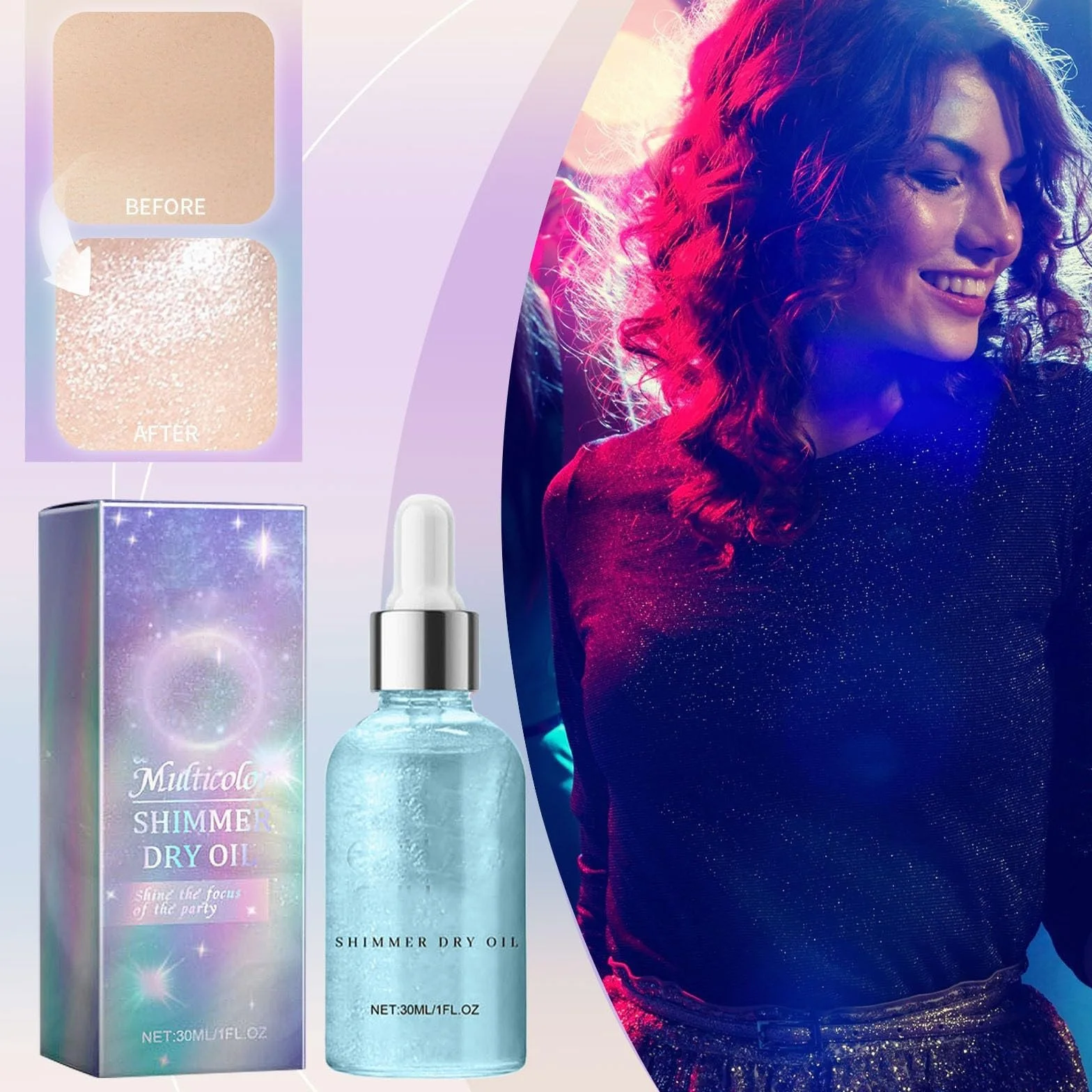 Orphic Shimmer Dry Oil, Orphic Body Shimmer, Body Glitter Oil, Glow Recipe, wielokolorowy, wodoodporny, długotrwały puder brokatowy na festiwal, maskaradę, urodziny (B)