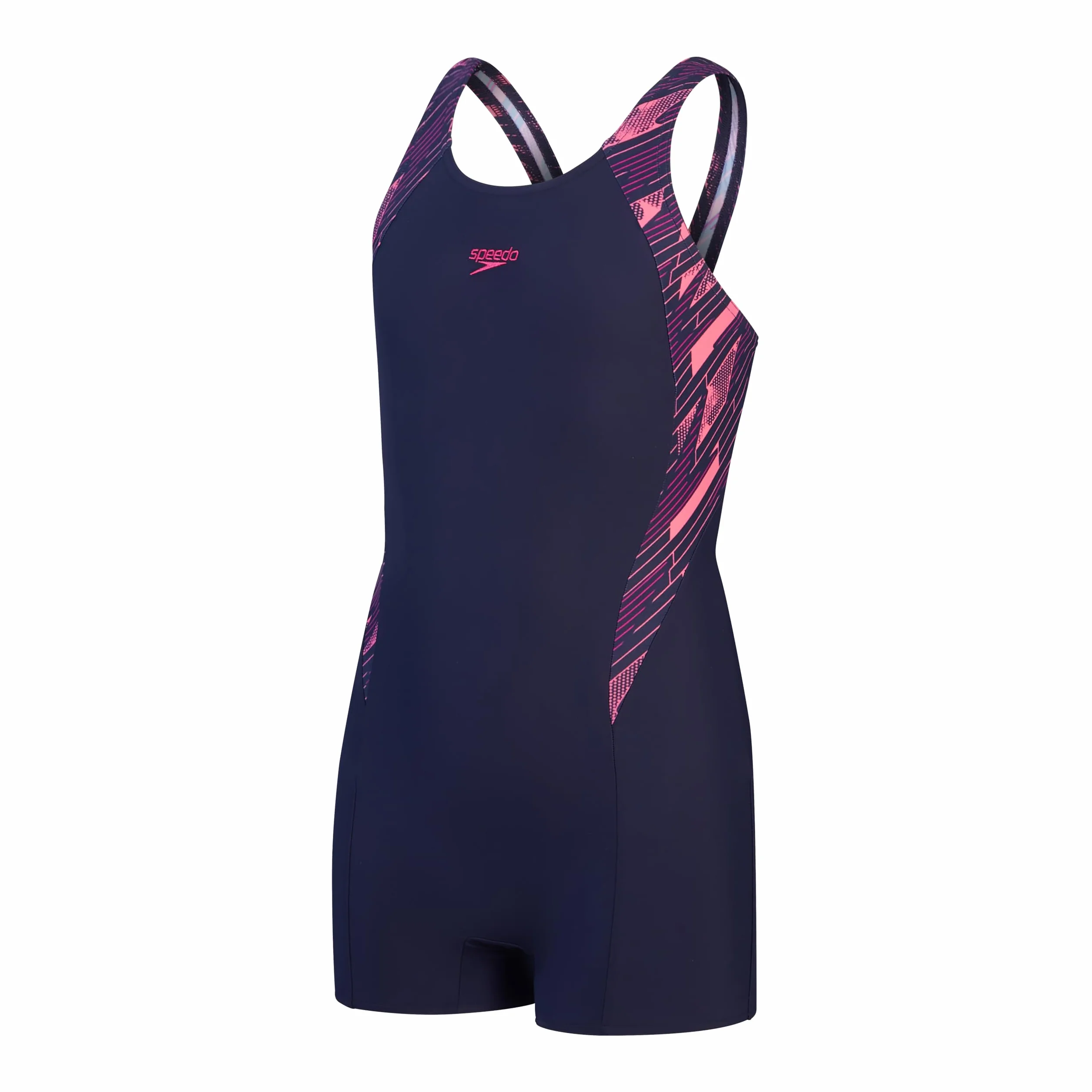 Speedo Dziewczęcy kombinezon hiperboom splice, odporny na działanie chloru, szybkoschnący, rozciągliwy materiał, wygodne dopasowanie, 1 sztuka (1 szt.), True Navy/Electric Pink/Fandango Pink, 7-8 lat