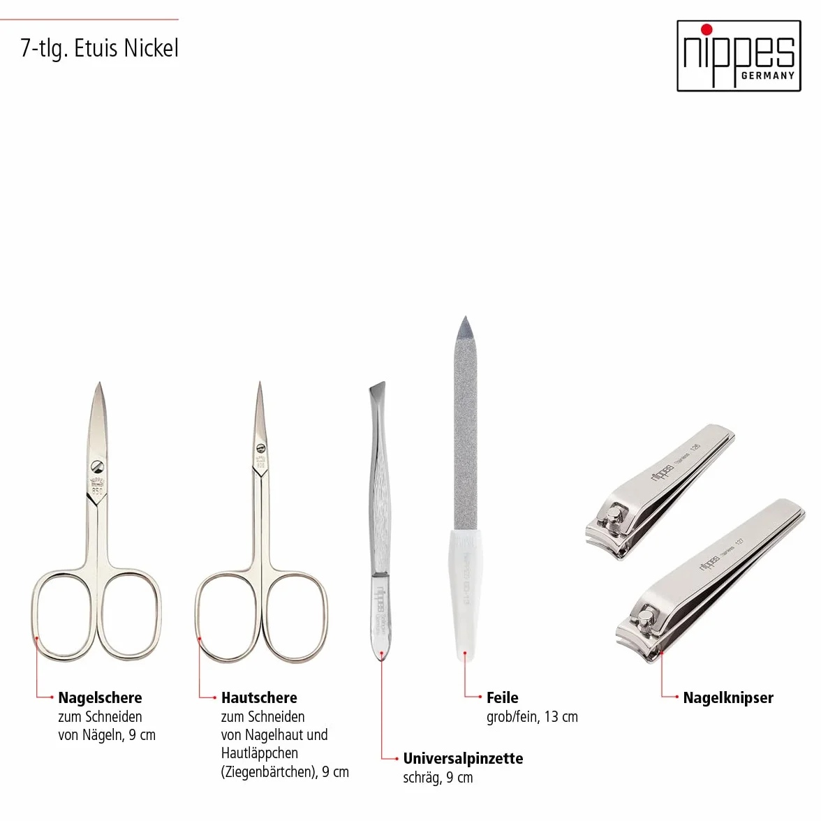 nippes Solingen Zestaw do manicure vintage, 7-częściowy, antyczna skóra bydlęca, zestaw do paznokci z ramą, miękki zamsz wewnątrz, Made in Germany, zestaw do pielęgnacji paznokci z niklowanymi