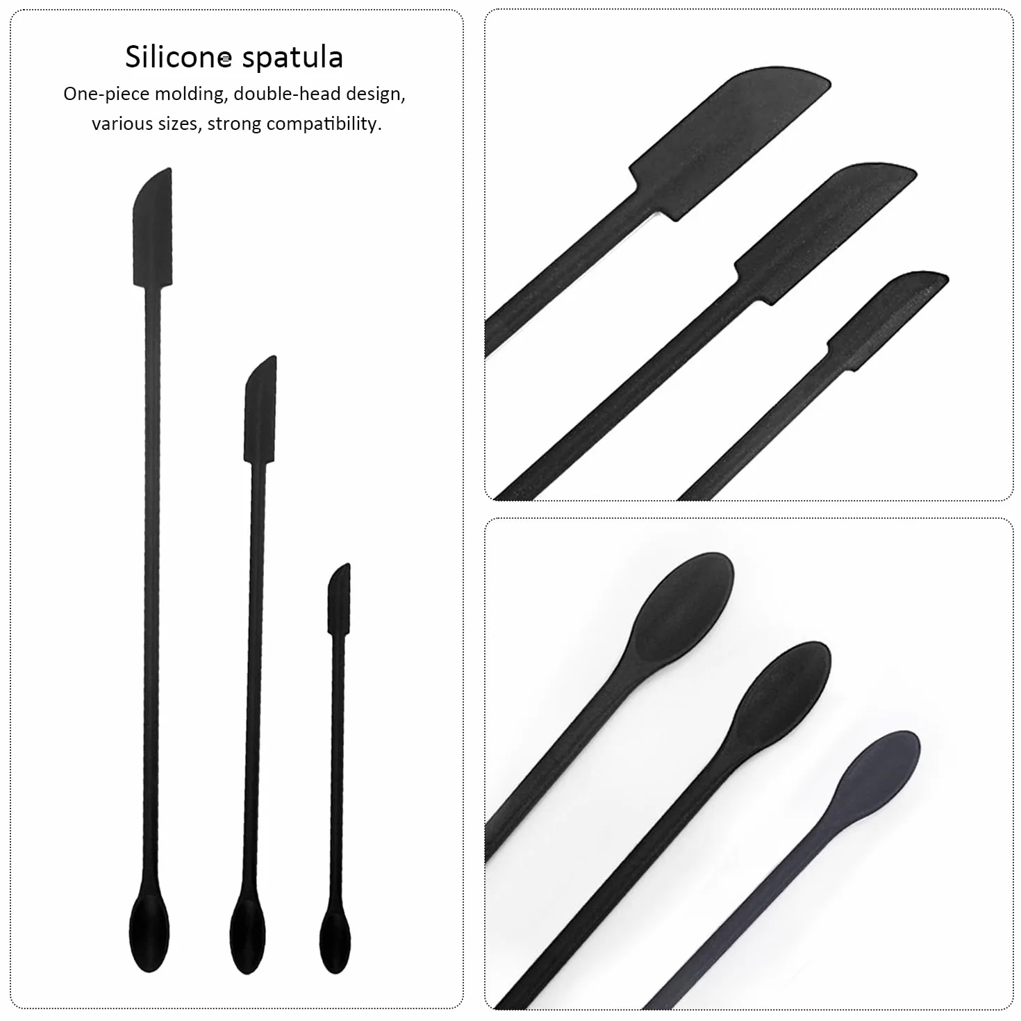 Zestaw 3 mini szpatułek silikonowych, mała łyżeczka silikonowa, szpatułka, szpatułka do kosmetyków, długa rączka, silikonowe mieszadło do wąskich butelek, Beauty (czarny)