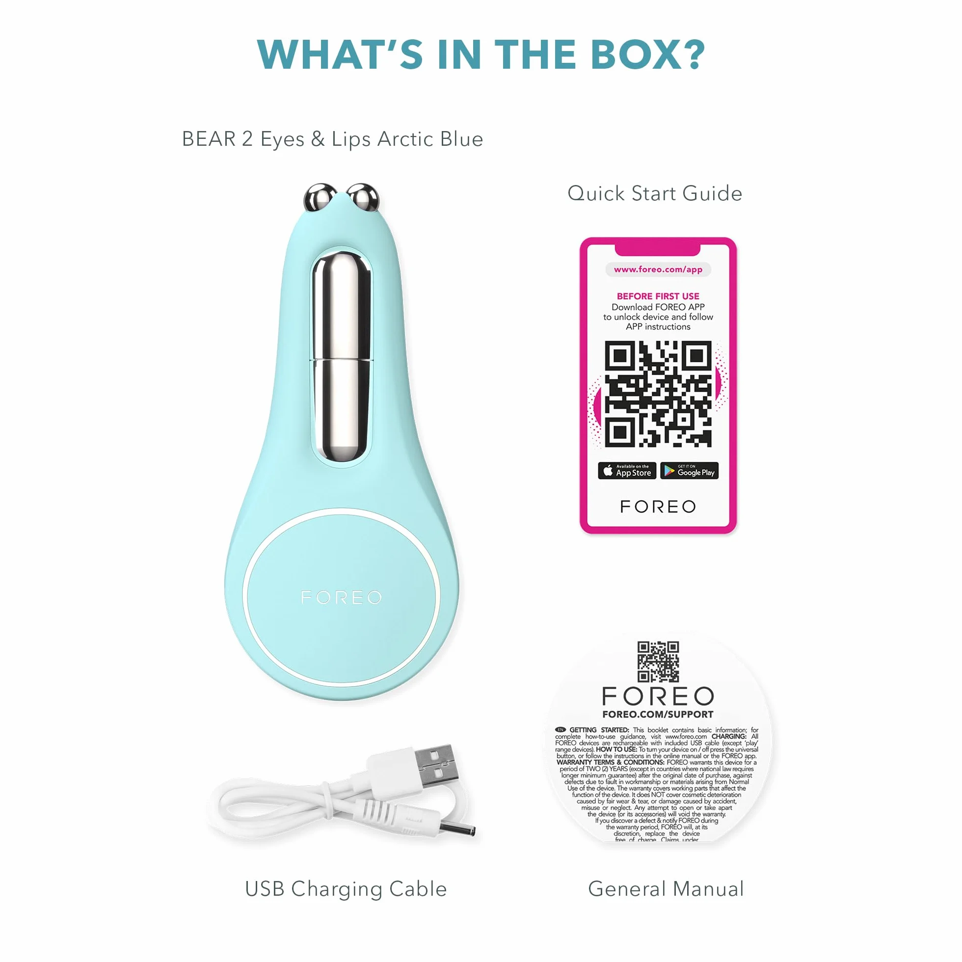 Foreo Bear 2 Eyes & Lips, mikroprądowe urządzenie przeciwzmarszczkowe, masażer oczu, podnoszenie brwi, powiększanie ust i cienie, niebieski Arctic Blue
