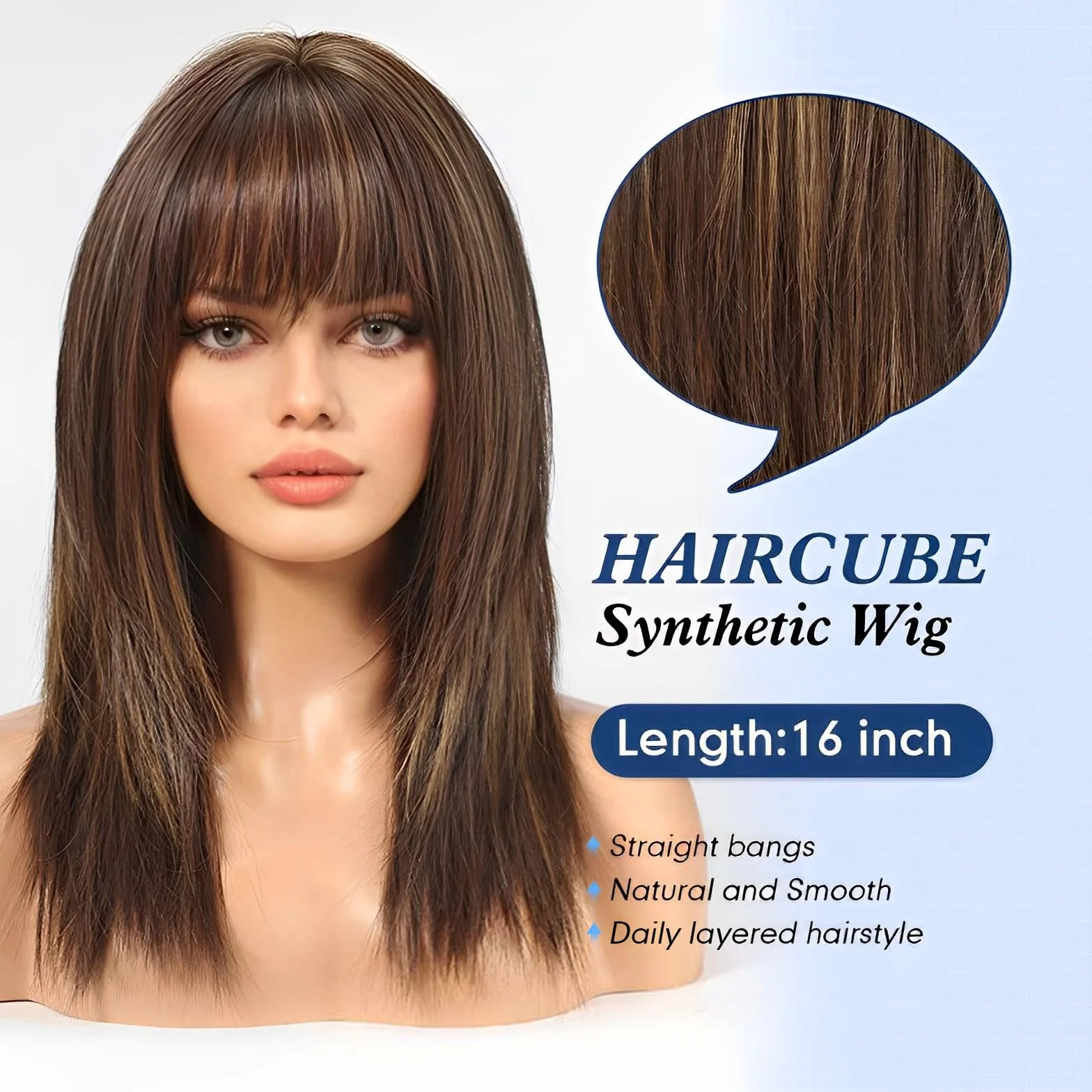 HAIRCUBE Peruka dla kobiet, proste peruki dla kobiet, długość do ramion, brązowe syntetyczne peruki z grzywką, codzienne peruki do cosplayu