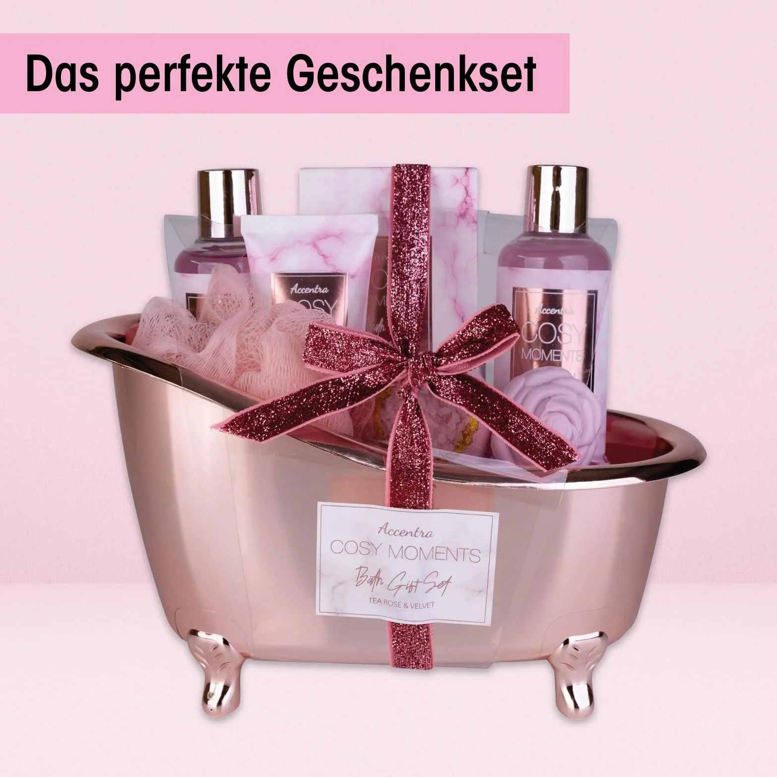 Accentra - COSY MOMENTS zestaw do kąpieli i prysznica w kolorze różowym – zestaw prezentowy do relaksu dla kobiet na urodziny lub Walentynki – 7-częściowy zestaw upominkowy i pielęgnacyjny z mini