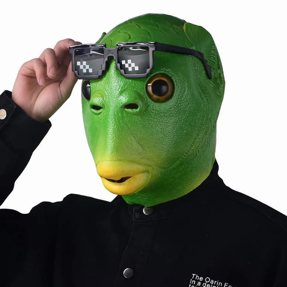 HUYIWEI Maska rybna, zielona głowa ryby, realistyczna maska lateksowa zwierzęca, zielona rybka, ozdoba głowy, w zestawie zabawne okulary, kostium karnawałowy na Halloween (odpowiednia dla dzieci od 14