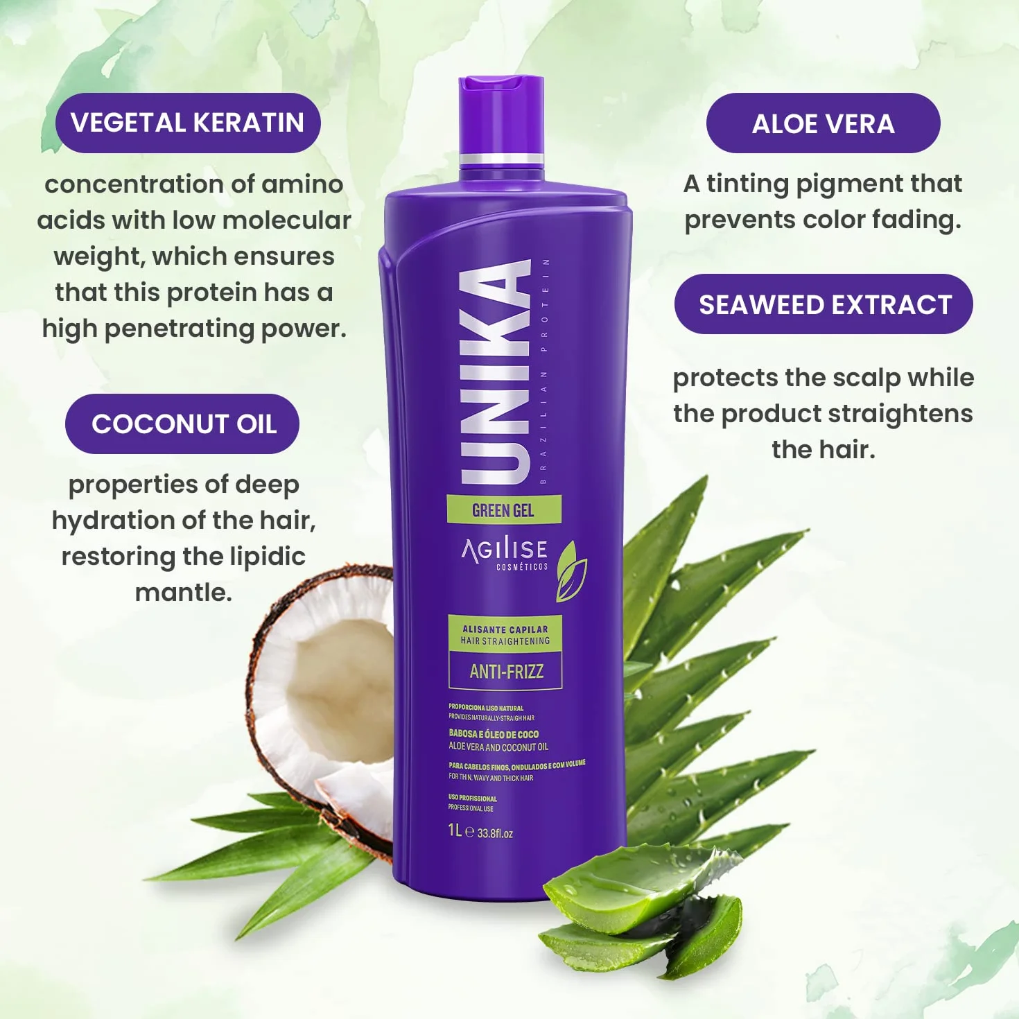 Agilise | Unika Green Gel Hair Prostowanie | Anti-Frizz For Thin, Wavy And Thick Hair | 1000 ml