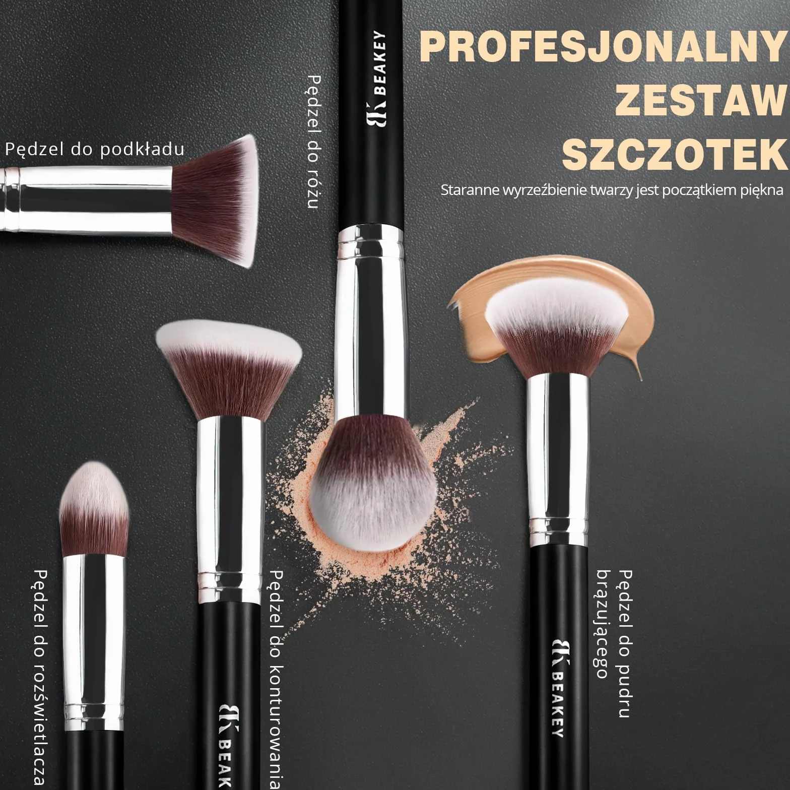BEAKEY Zestaw pędzli do makijażu 10+2 sztuki srebrny