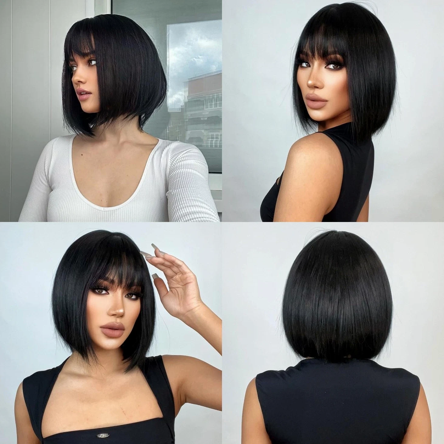 Sapphirewigs Czarne peruki bob dla kobiet z grzywką, krótka, naturalnie wyglądająca, 30 cm
