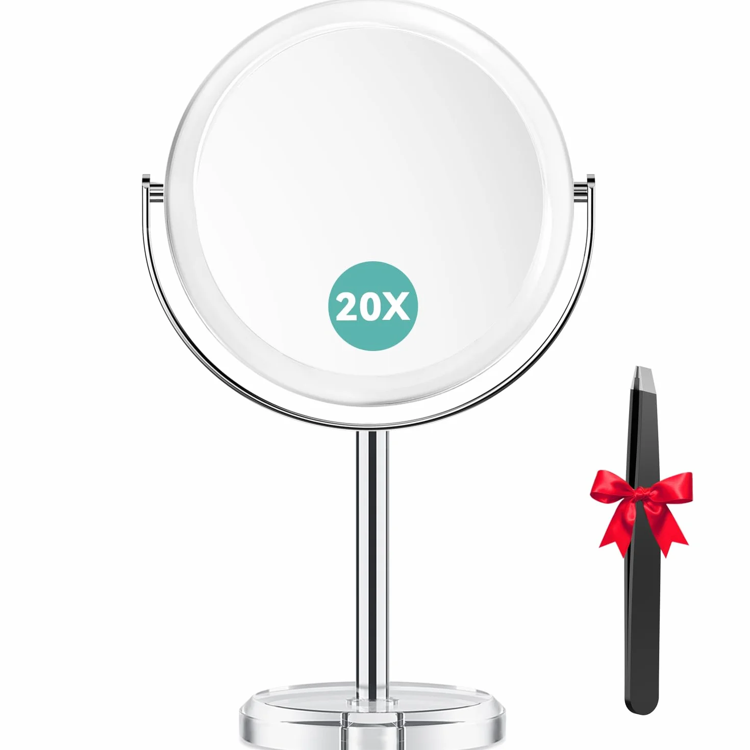 Auxmir 20-krotne powiększające lusterko kosmetyczne z pęsetą, 16 cm, dwustronne do makijażu i golenia, obracane o 360°, ze stojakiem
