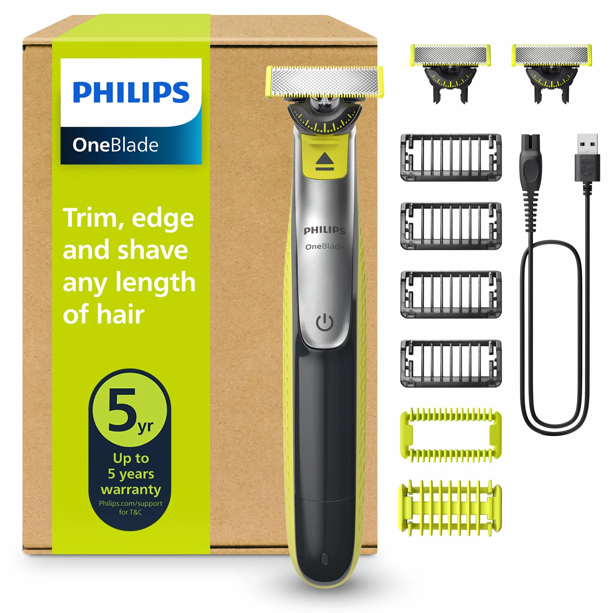 Philips OneBlade Elektryczny trymer do twarzy i ciała, golarka, 3x 360 ostrzy, 4x grzebień, zestaw do ciała QP2834/31