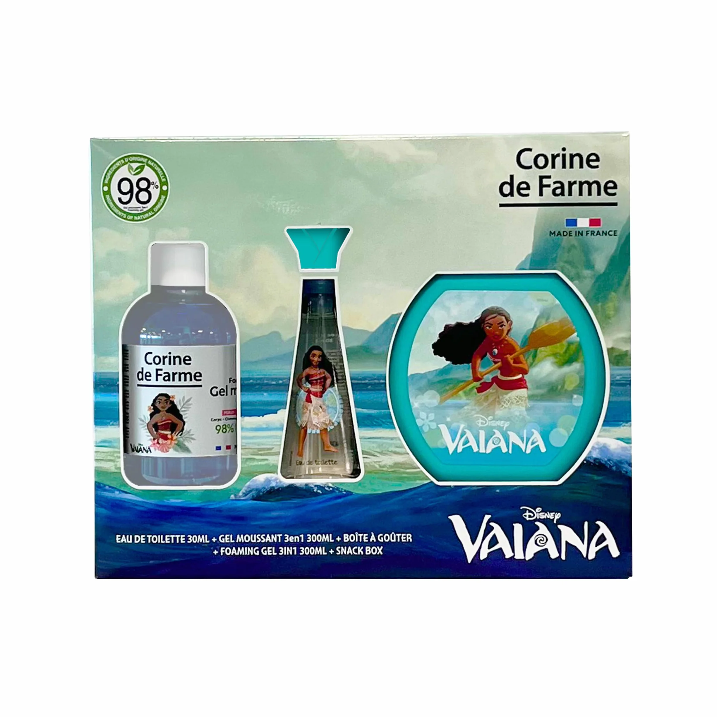 Corine de Farme - Zestaw Vaiana z wodą toaletową 50 ml, do kąpieli piankowej 300 ml i pudełkiem na przekąski - Prezent dla dziewczynek - Zapach dla dzieci o zapachu wanilii - Żel owocowy 3 w 1