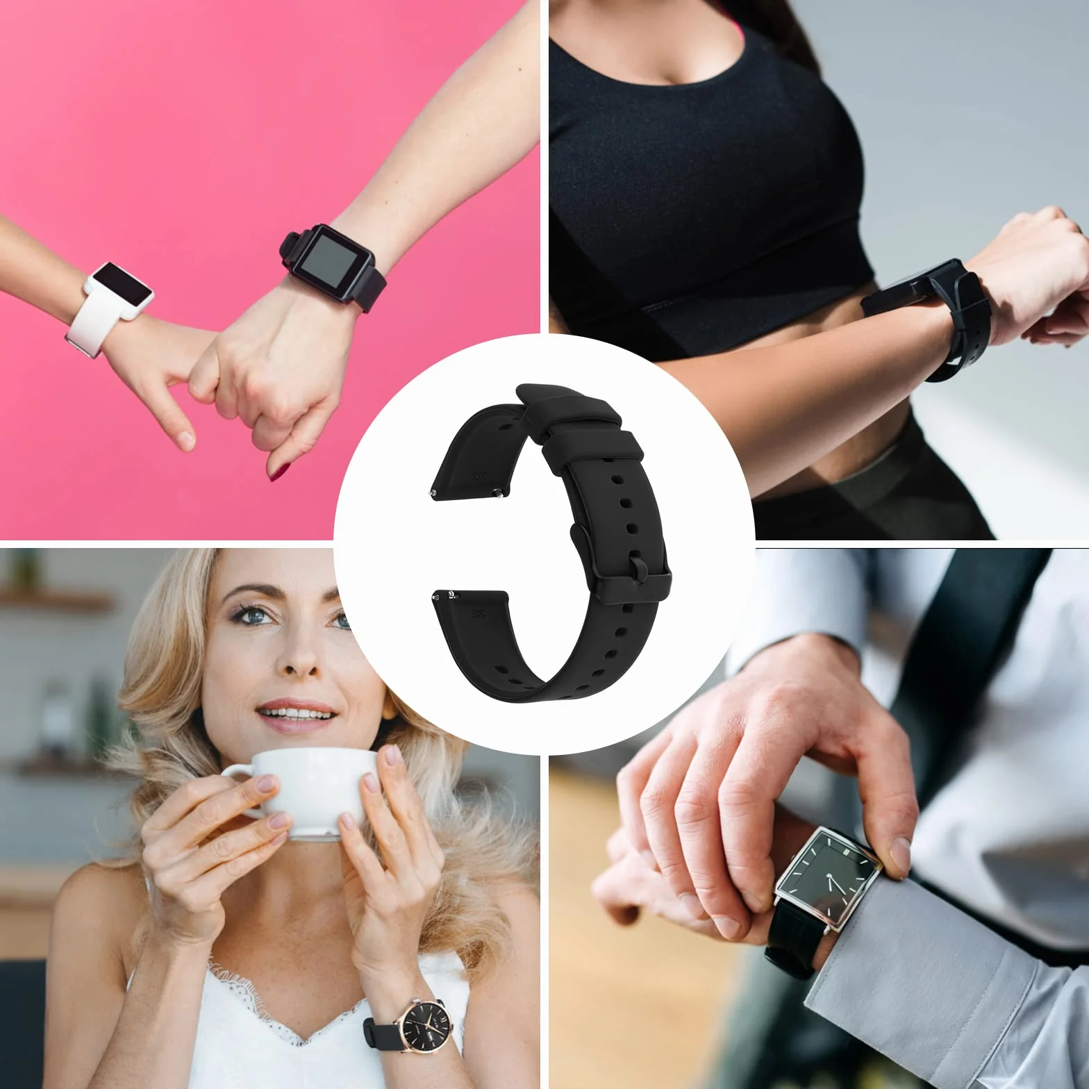 TIESOME Silikonowe paski do zegarków, szybkie odpinanie, wodoodporne, miękkie, gumowe, zamienne, z posrebrzaną klamrą ze stali nierdzewnej, do smartwatchy, sportowe, dla mężczyzn i kobiet