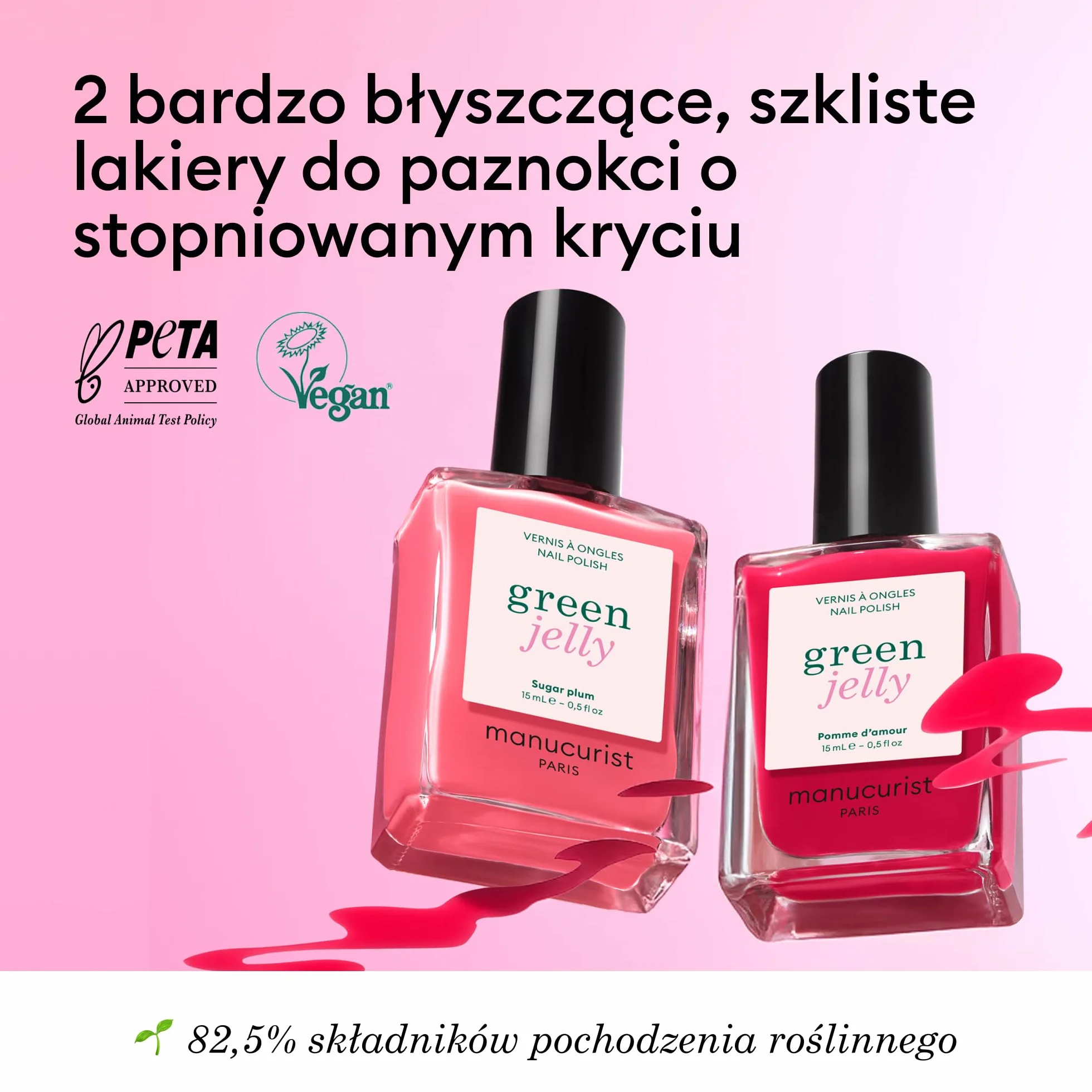 Manucurist - Duo lakierów Jelly Green™ Sugar Plum & Pomme d’Amour - Transparentne lakiery do paznokci - półkryjące wykończenie jelly ultra glossy - 82,5% składników naturalnego pochodzenia - 15 ml