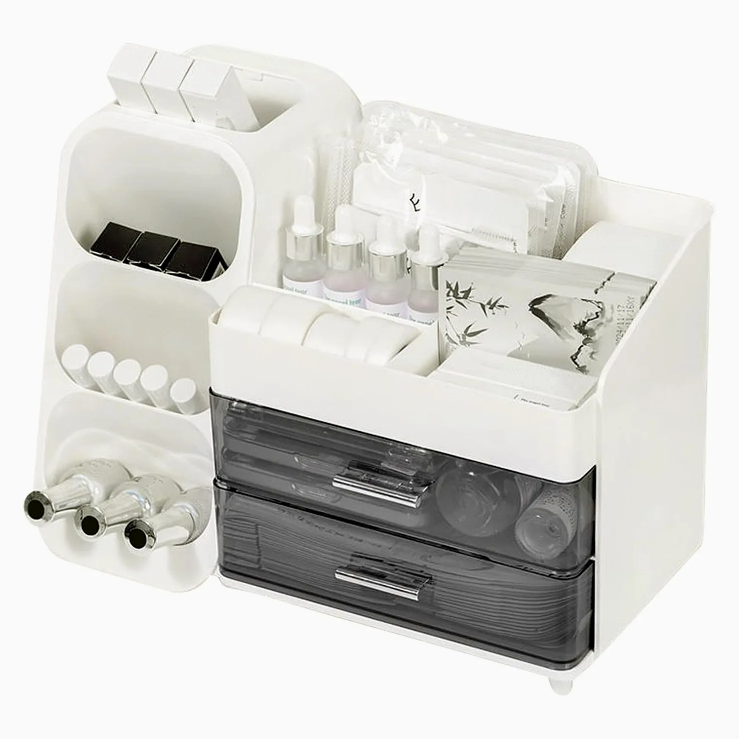 Makeup Organizer z 2 szufladami, organizer na pędzle, duża skrzynka na kosmetyki (Biały)