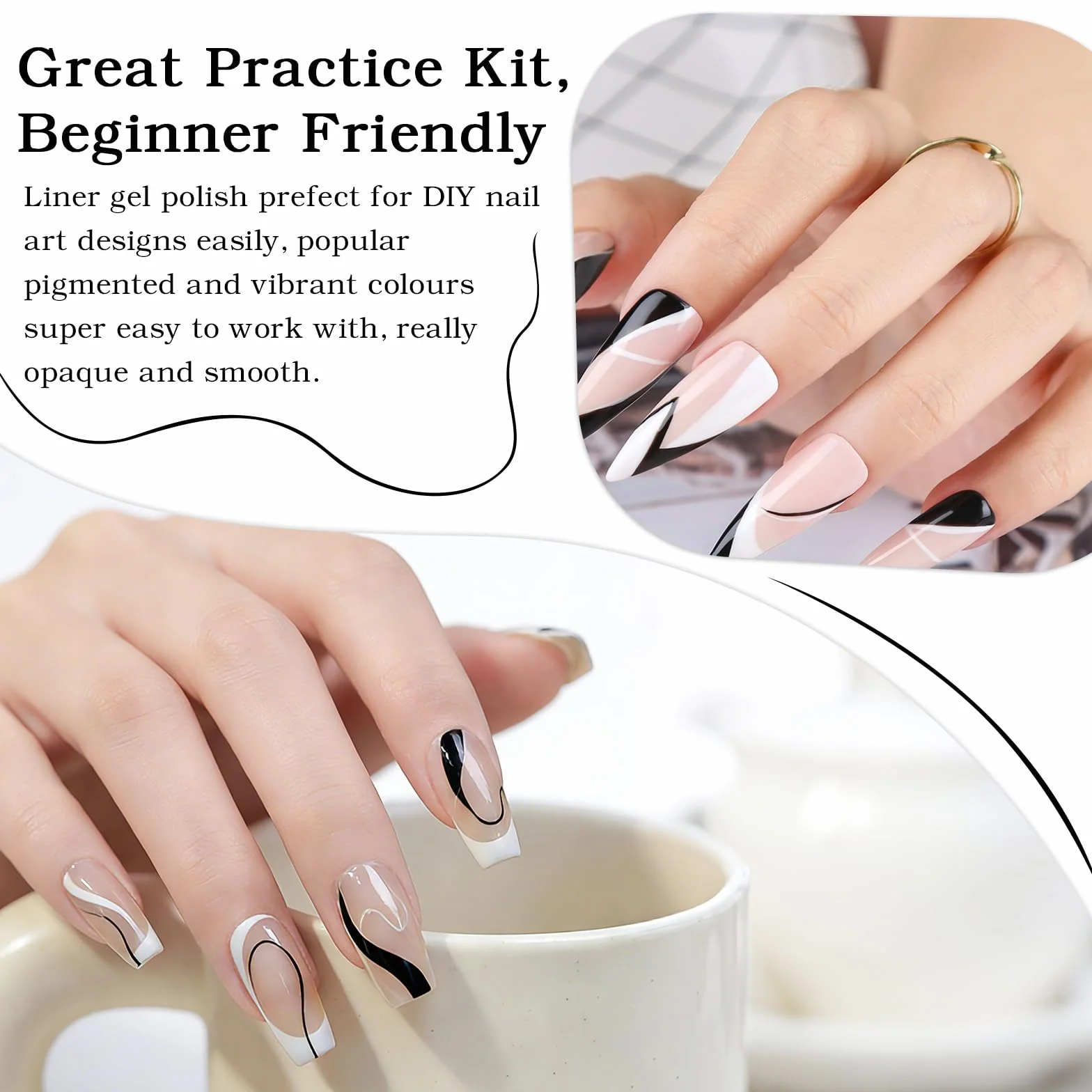 INPING 2 szt. Liner Gel Nail Art, TPO-FREE HEMA-FREE, 2 kolory biały i czarny liniowy lakier półtrwały, lakier żelowy UV, lakier do paznokci, francuski manicure dla początkujących, 8 ml