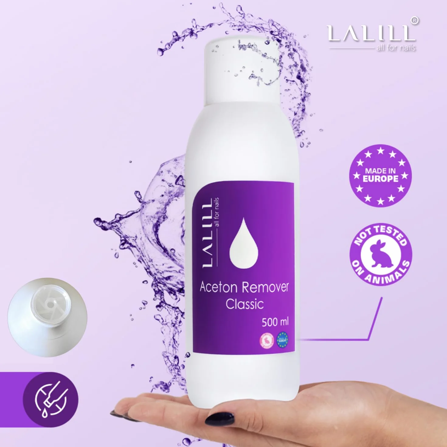 LALILL Aceton zmywacz do paznokci 500 ml do lakierów hybrydowych, żelu, akrylu i końcówek - zmywacz do lakieru żelowego - czysty aceton UV zmywacz do paznokci