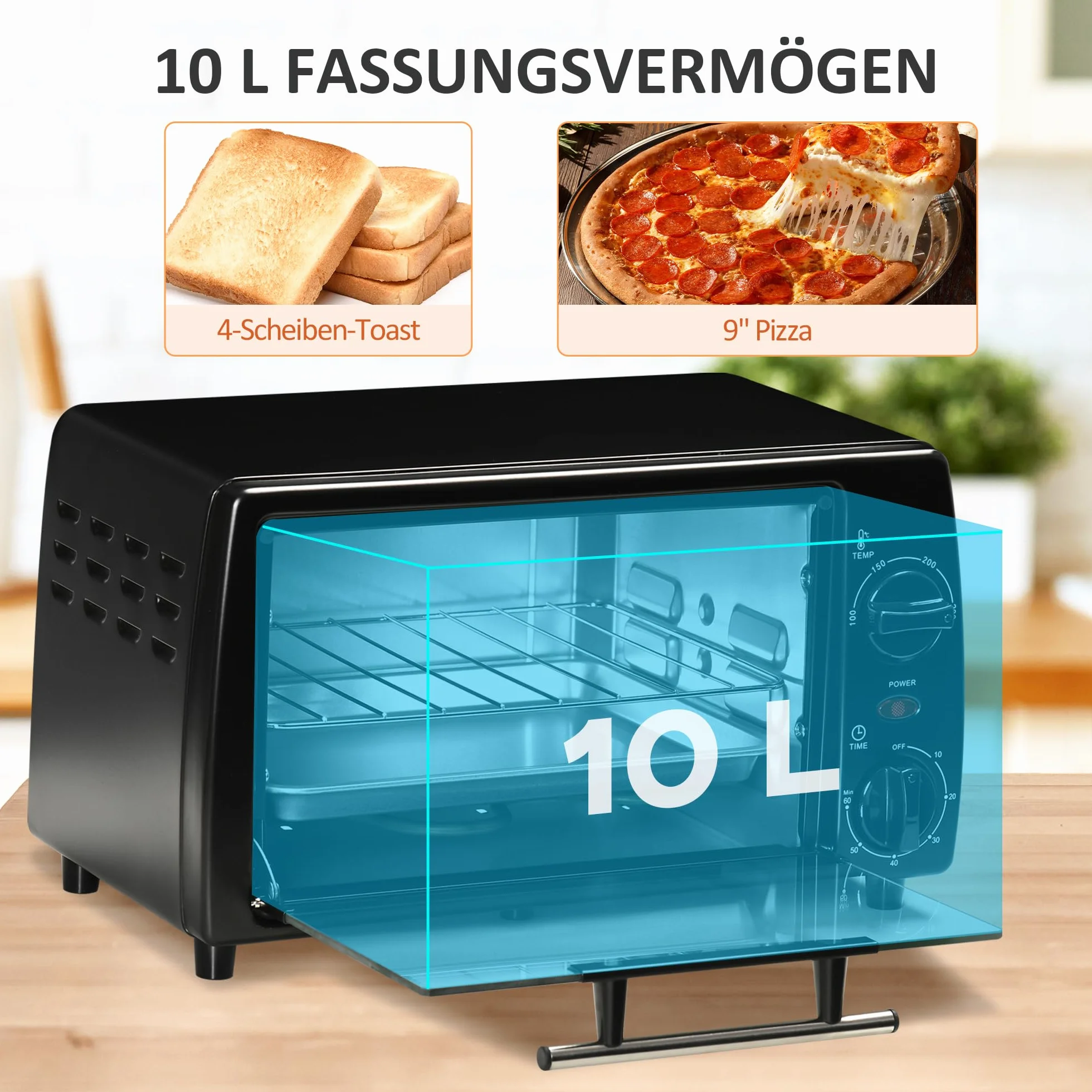 HOMCOM Mini piekarnik 10 l, 750 W, mały piekarnik elektryczny z temperaturą do 230°C, timer 60 minut, blacha do pieczenia i ruszt 36,5 x 26 x 22 cm, czarny