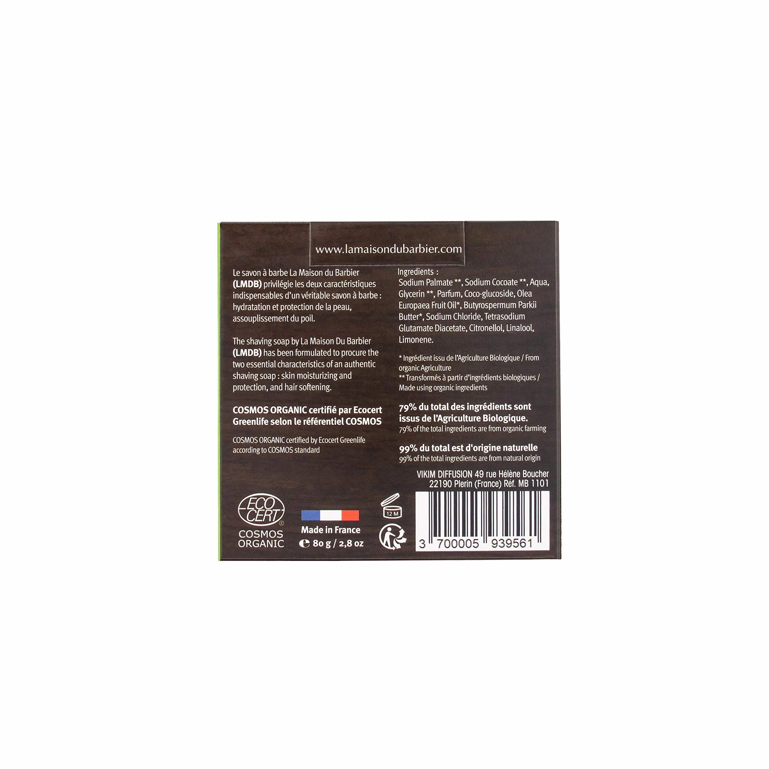 Mydło do brody z ekologicznym masłem shea - Ecocert Cosmos Organic, 99% składników pochodzenia naturalnego, 79% z rolnictwa ekologicznego - francuska produkcja - 80 g