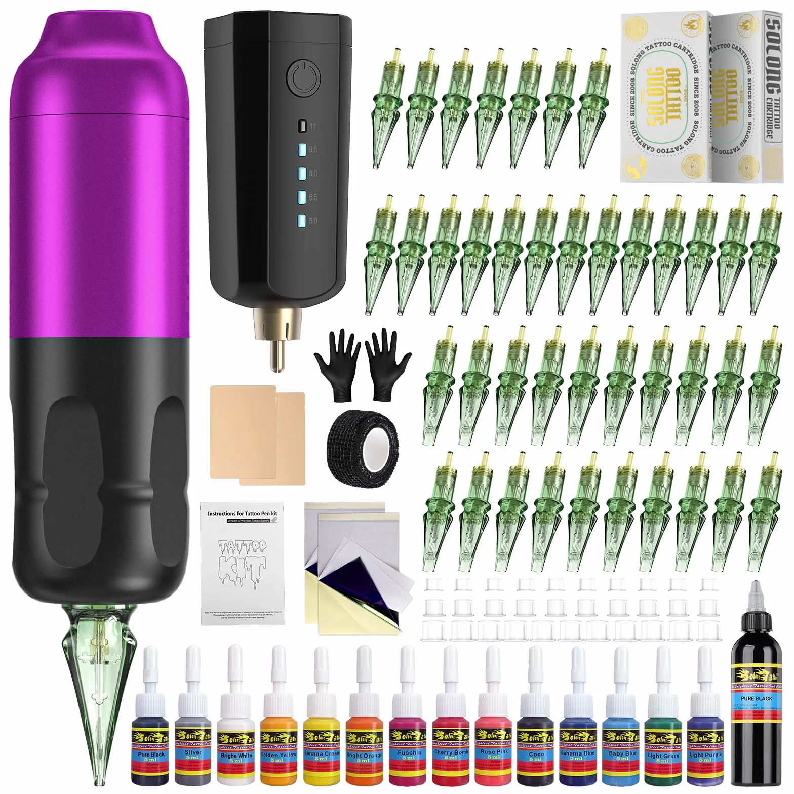 Solong Tattoo Zestaw pistoletu do tatuażu 1600 mAh 40 szt igieł fioletowy