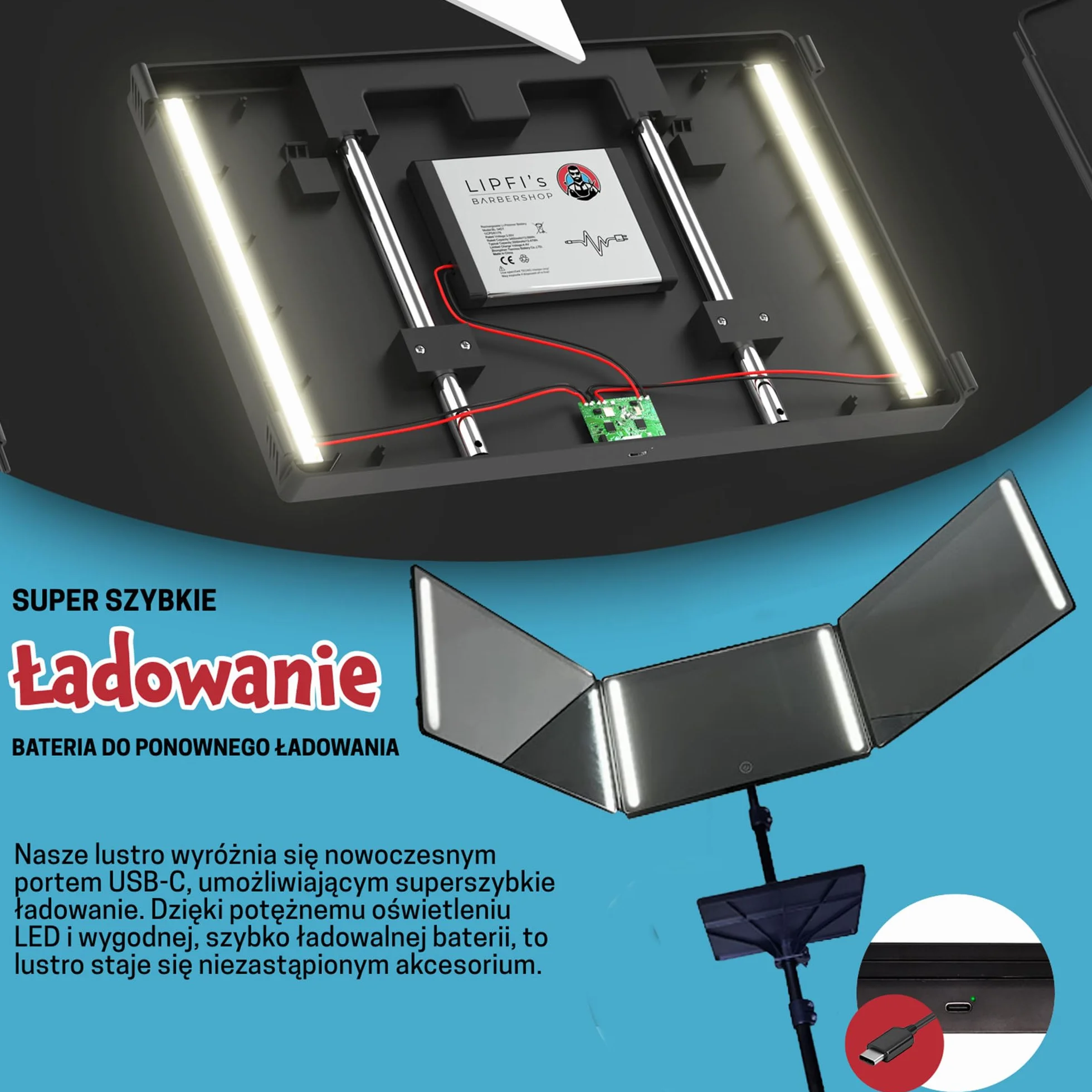 LIPFISBARBERSHOP.com Lustro 360° ze statywem, regulowanymi haczykami i tacką: 3-stronne przenośne składane lustro podróżne z 4 diodami LED, ładowaniem USB-C do strzyżenia, golenia, makijażu i toaletki