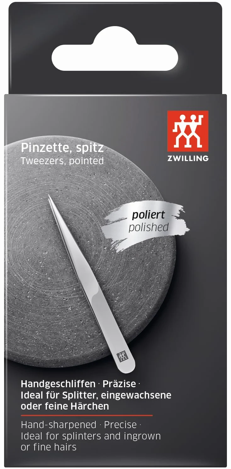 ZWILLING Pęseta spiczasta (usuwanie drzazg, wrastających lub cienkich włosków, ręcznie szlifowane, szorstkie końcówki), polerowana, srebrna, 90 mm