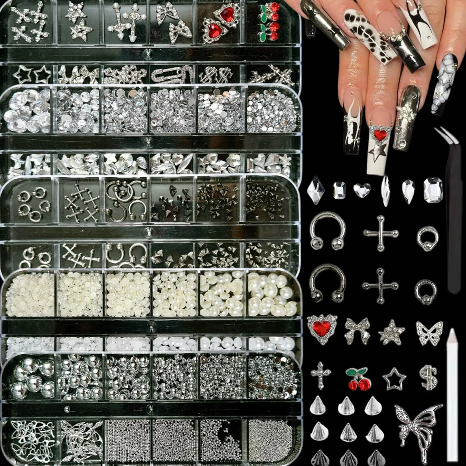 Srebrne zawieszki do paznokci, zestaw Y2K, 5 pudełek, zawieszki do paznokci 3D, kamienie strasu, akcesoria do zdobienia paznokci, srebrne kolczyki, krzyż, zawieszki do paznokci, wzór gwiazdy, płaskie