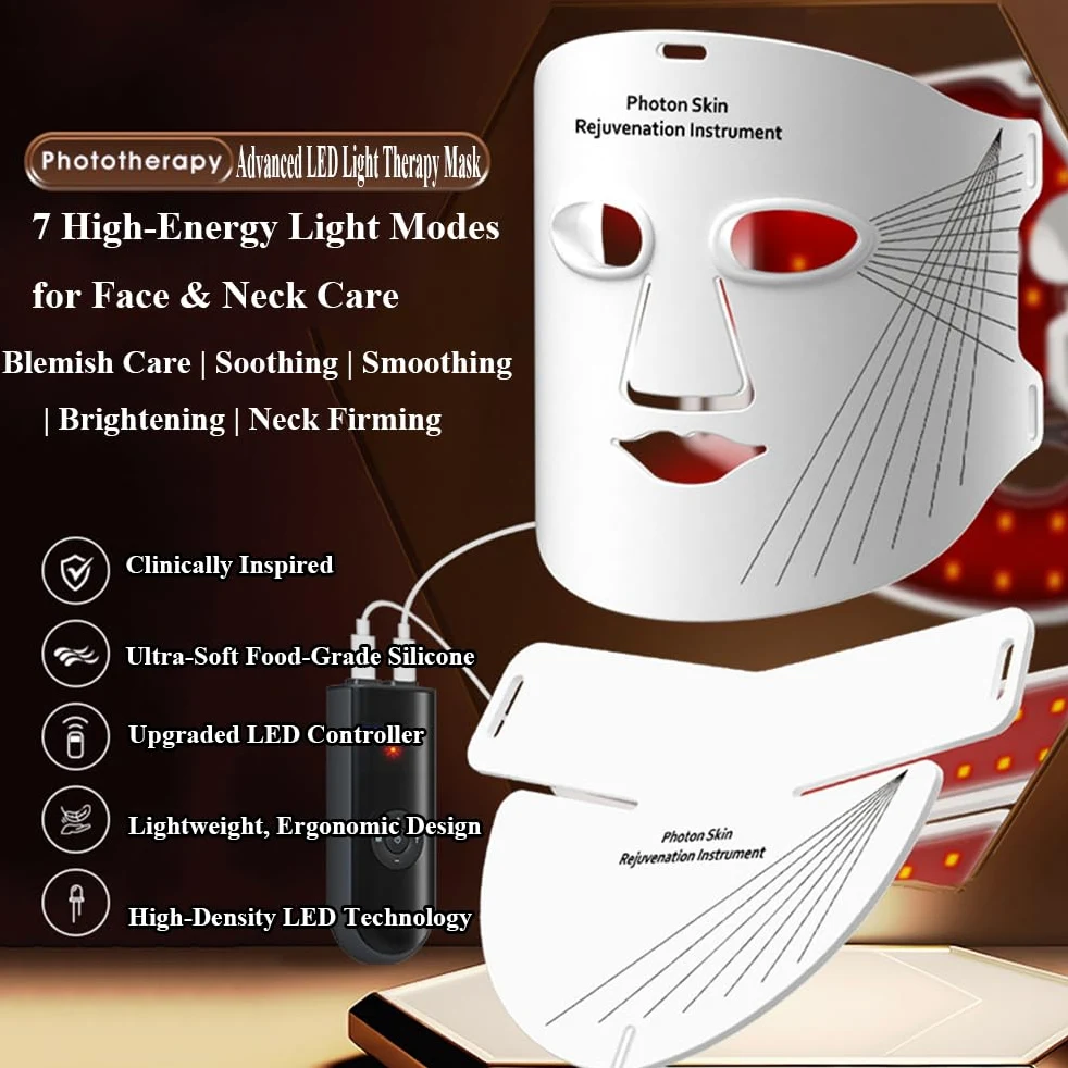lanvezas led beauty maska do terapii światłem czerwonym na twarz i szyję, 7-kolorowa maska do terapii światłem LED, ładowalna maska, 5 poziomów intensywności, przeciwzmarszczkowa skóra ujędrniająca i